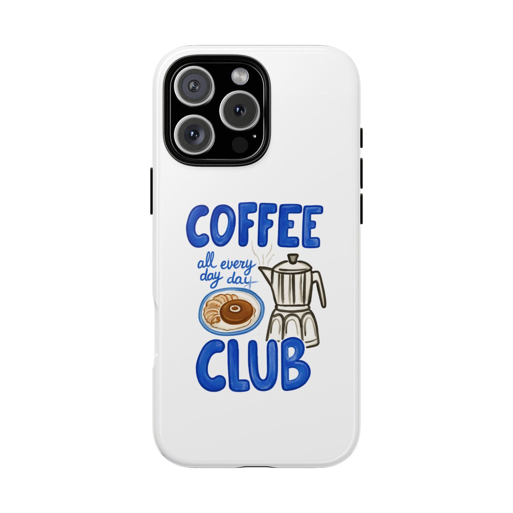 White phone case with Coffee Club design and blue coffee graphic, camera cutout