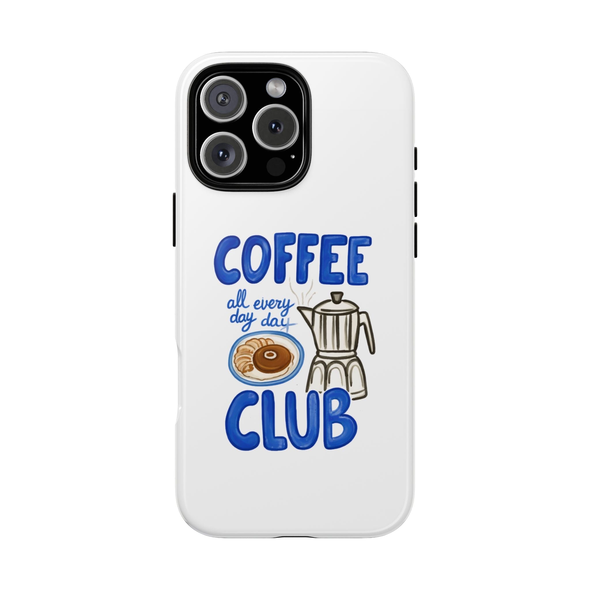 White phone case with Coffee Club design and blue coffee graphic, camera cutout