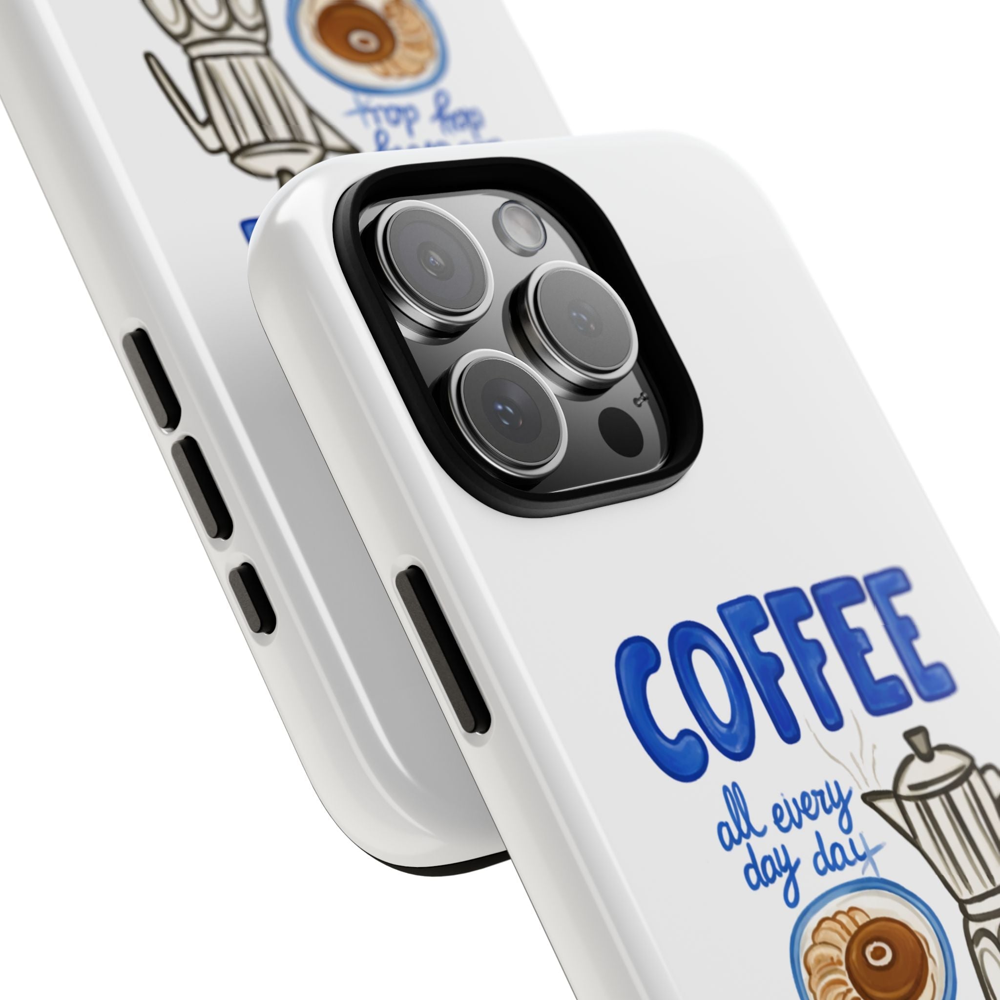 Angle view: white Coffee Club phone case with blue text, side button cutouts, camera lenses