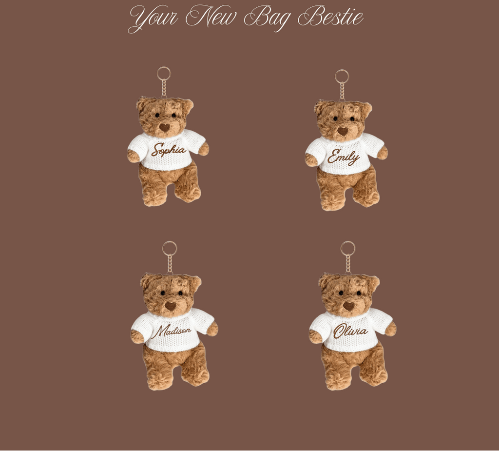 Set of four teddy bear keychain charms with white sweaters: Sophia, Emily, Madison, Olivia