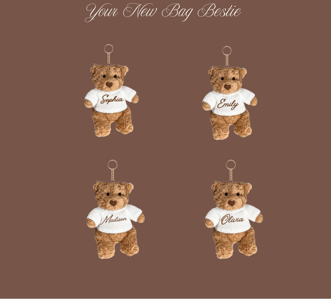 Set of four teddy bear keychain charms with white sweaters: Sophia, Emily, Madison, Olivia