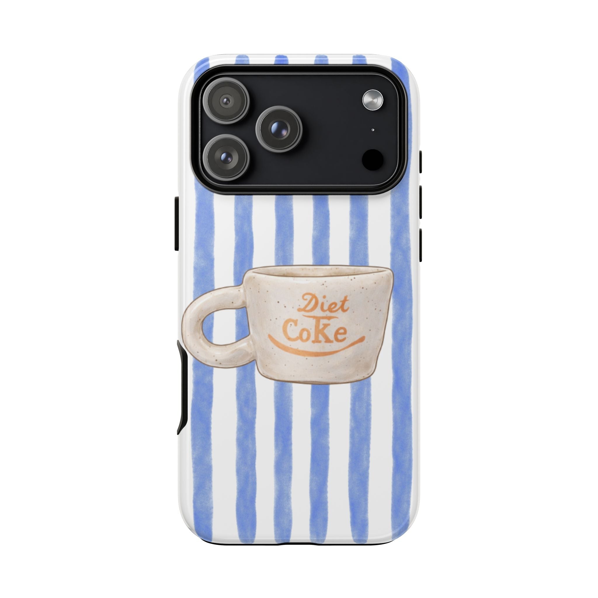 Blue and white striped phone case with Diet Coke logo mug on back