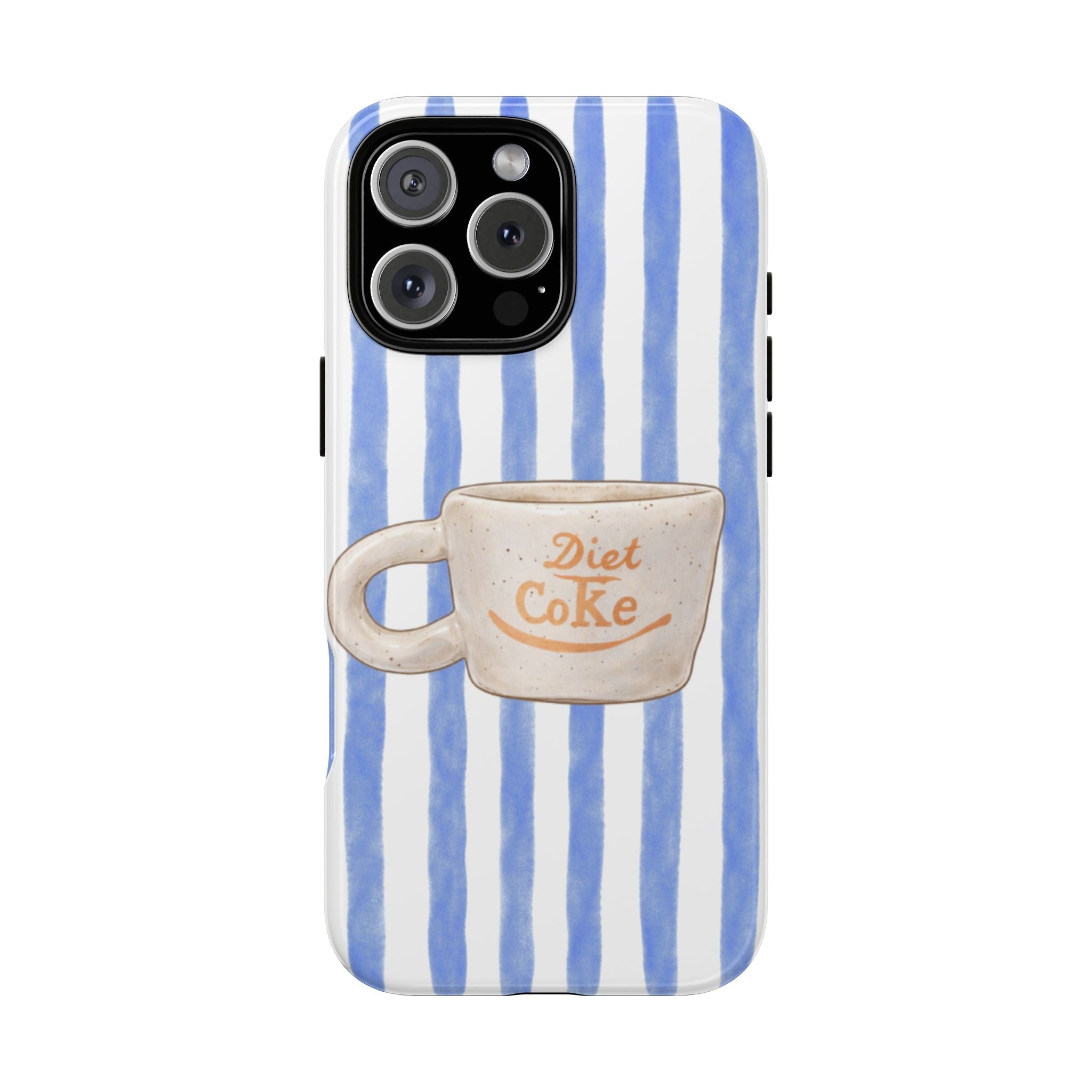 Blue striped phone case with Diet Coke mug graphic and camera cutouts