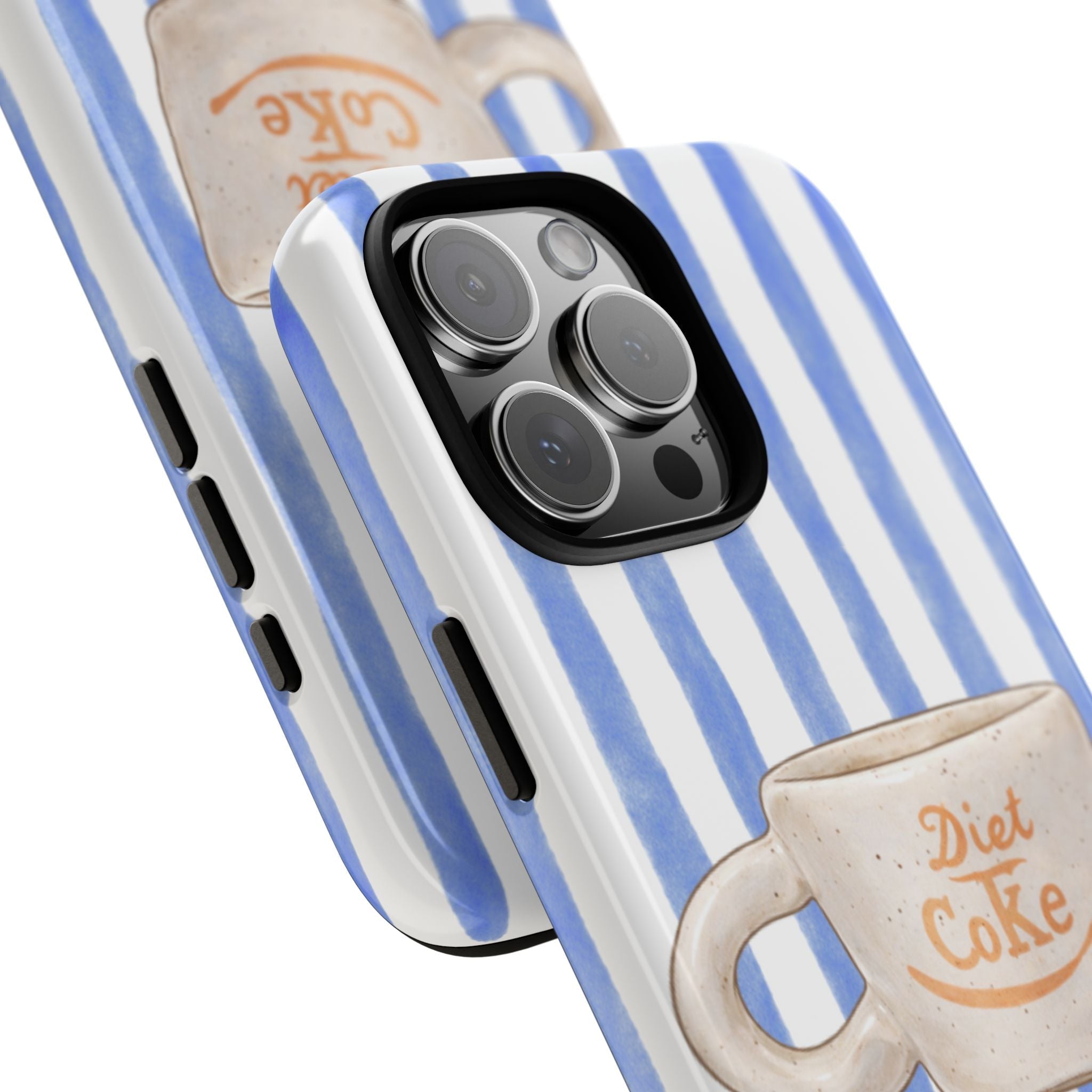 Diagonal view of blue striped phone case with Diet Coke mug graphic and lens covers
