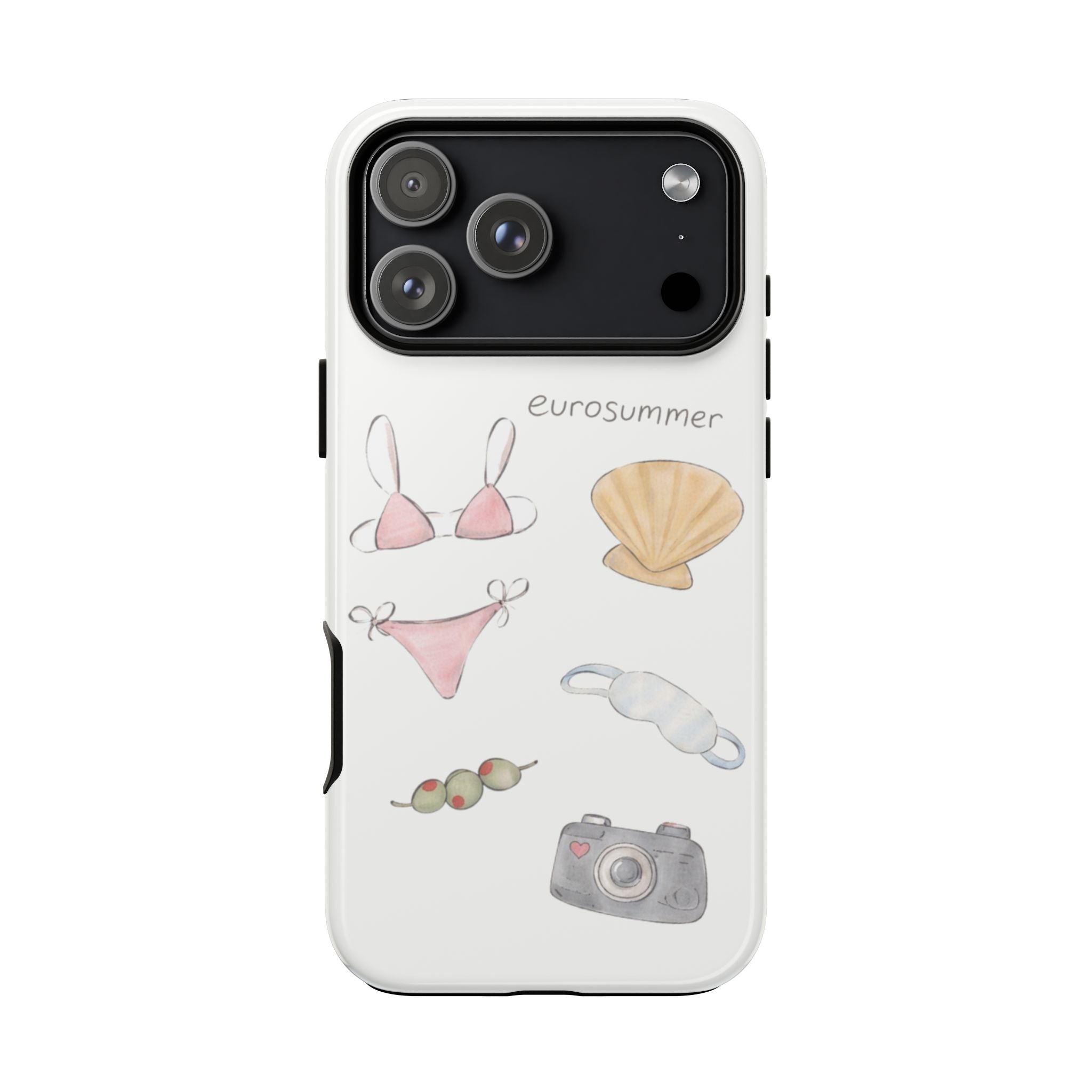 White phone case with bikini, seashell and camera icons; phone camera cutout visible