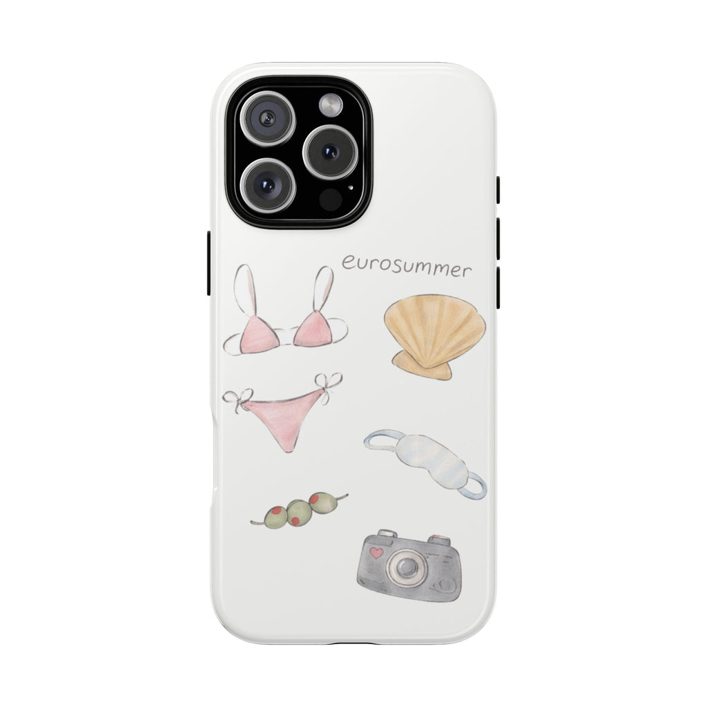 White phone case with eurosummer beachwear illustration, raised camera cutout