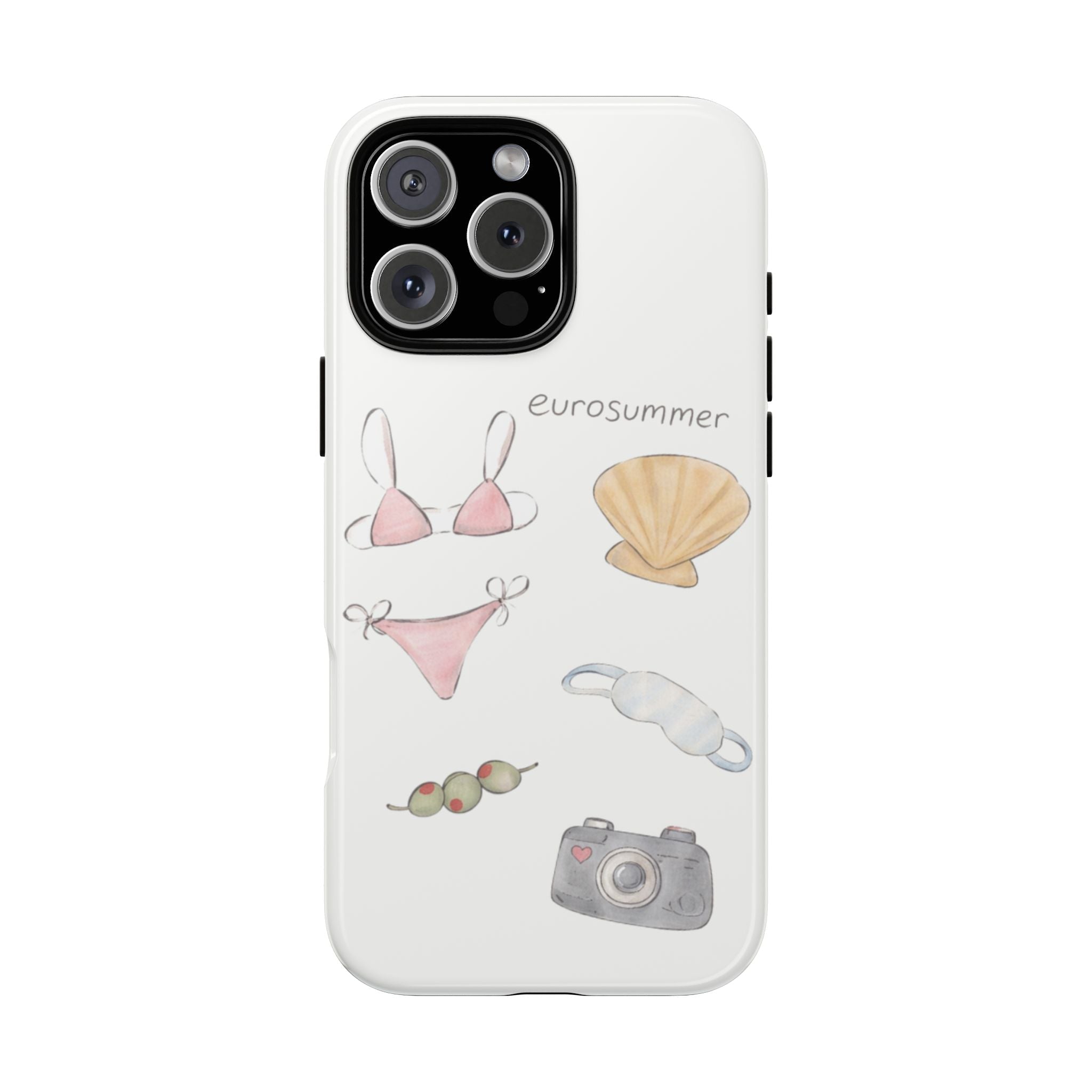 White phone case with eurosummer beachwear illustration, raised camera cutout
