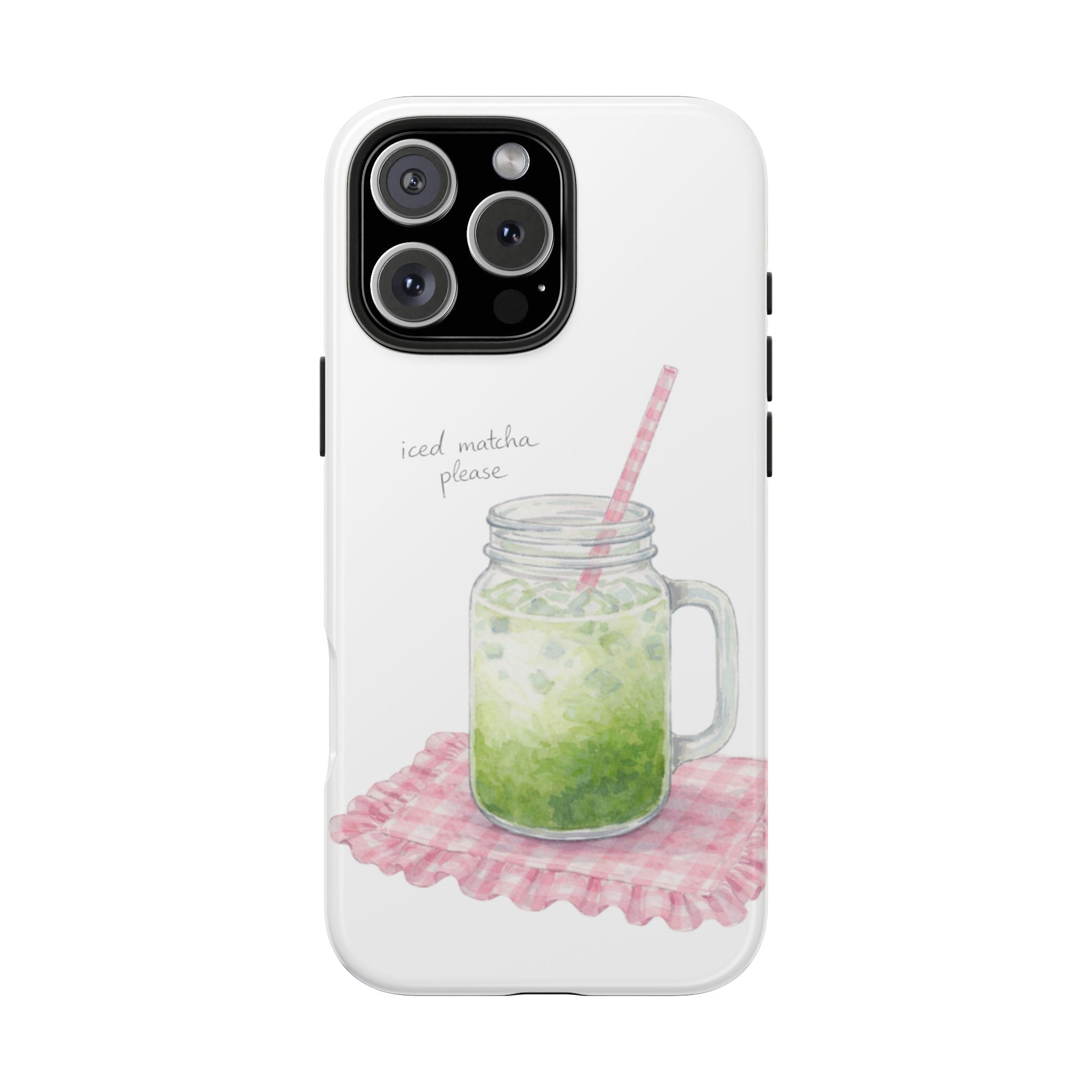 White phone case with iced matcha jar graphic and pink plaid ruffle