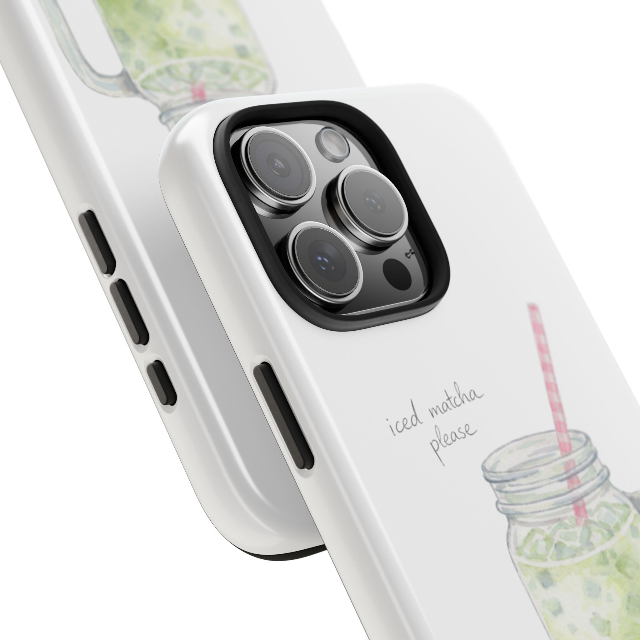 Side view white phone case with iced matcha jar design and pink striped straw