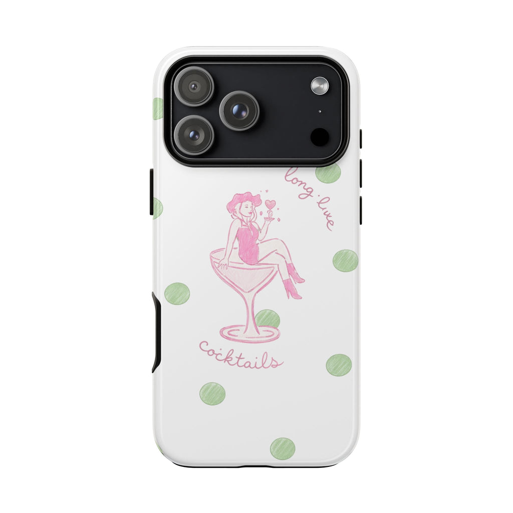 White phone case with pink cocktail figure and “Long live cocktails”, green dot pattern