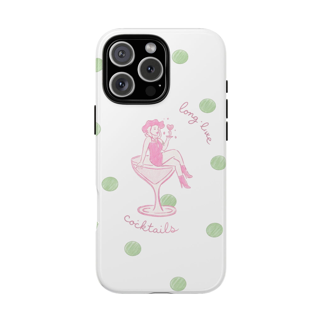 White phone case with pink cocktail illustration, “Long live cocktails” text, green dots