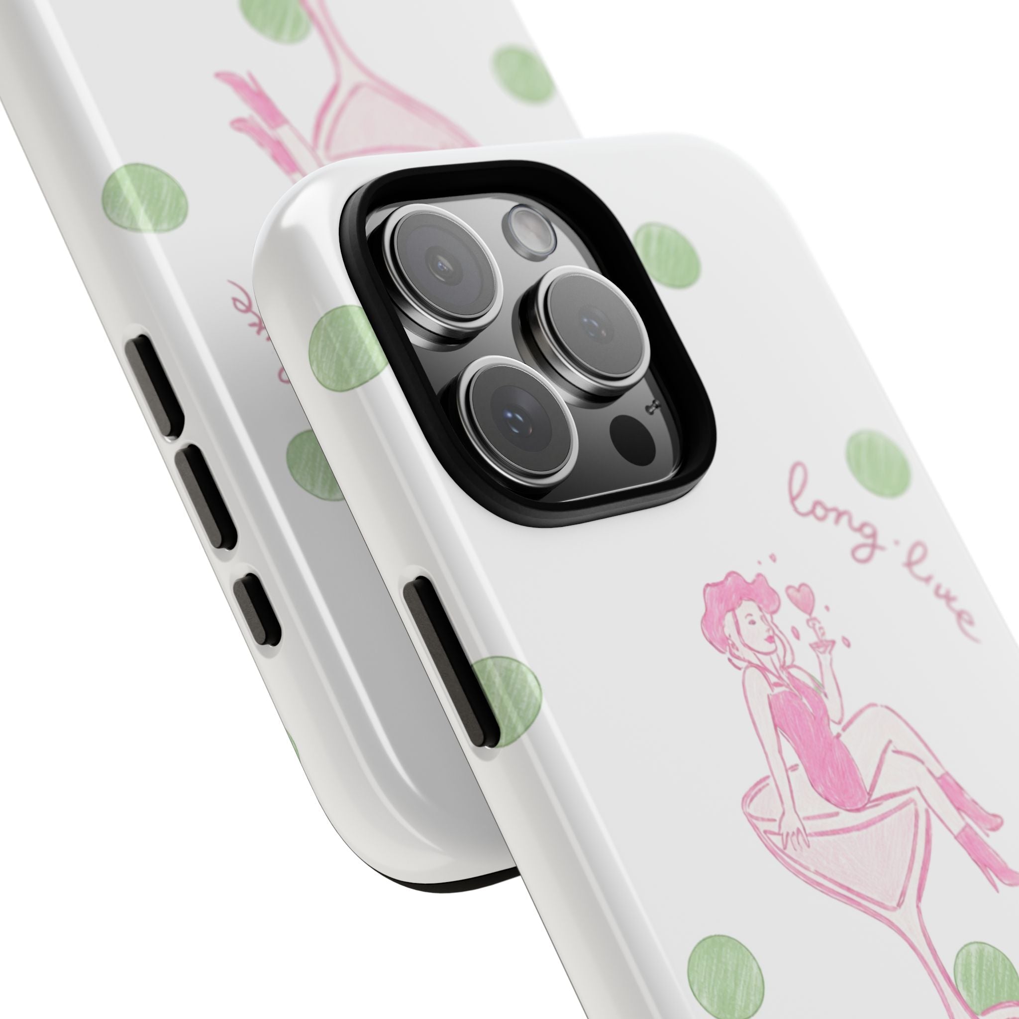 Angle view: white phone case with green dots, pink cocktail art, camera cutouts and side buttons