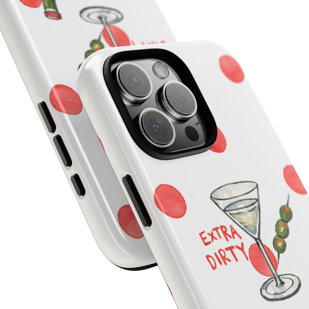 Martini phone case angled close-up showing camera cutout and “Extra Dirty” cocktail graphic