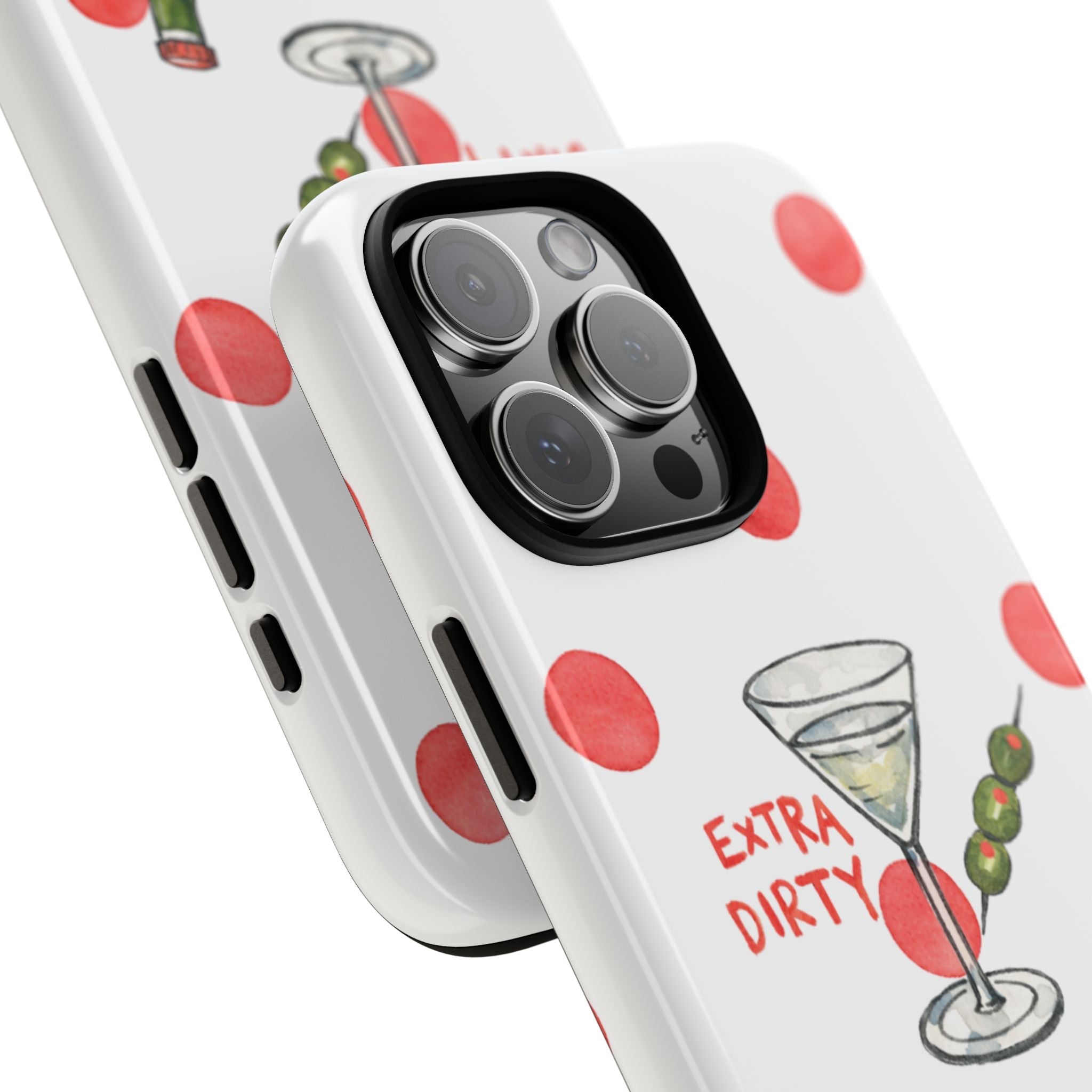 Martini phone case angled close-up showing camera cutout and “Extra Dirty” cocktail graphic