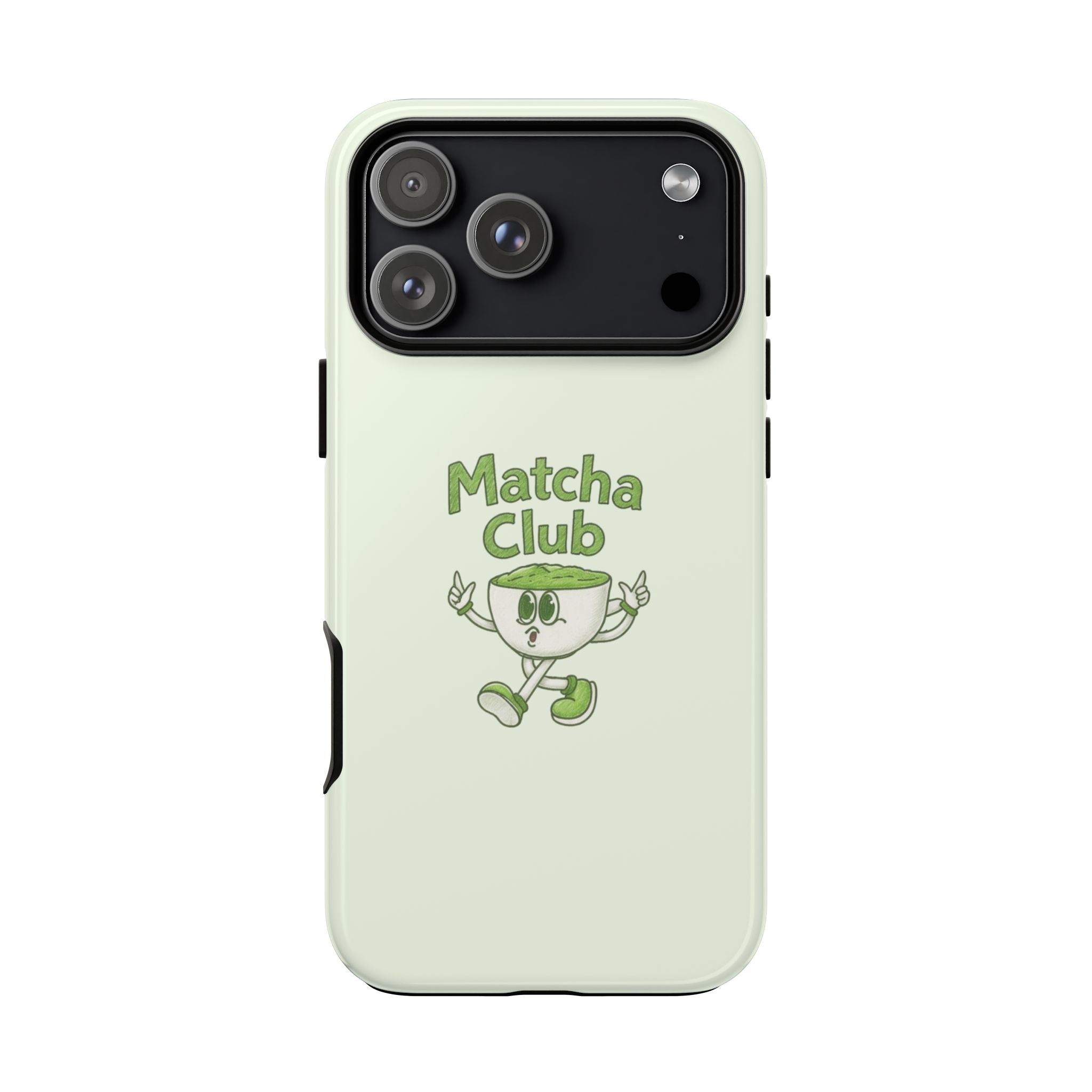 Matcha Club phone case back, mint green with cartoon character and “Matcha Club” text