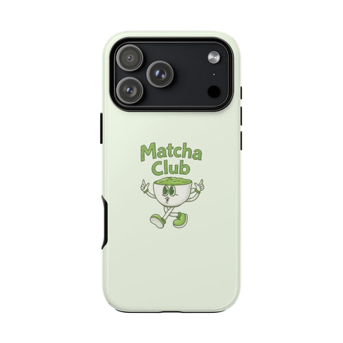 Matcha Club phone case back, mint green with cartoon character and “Matcha Club” text
