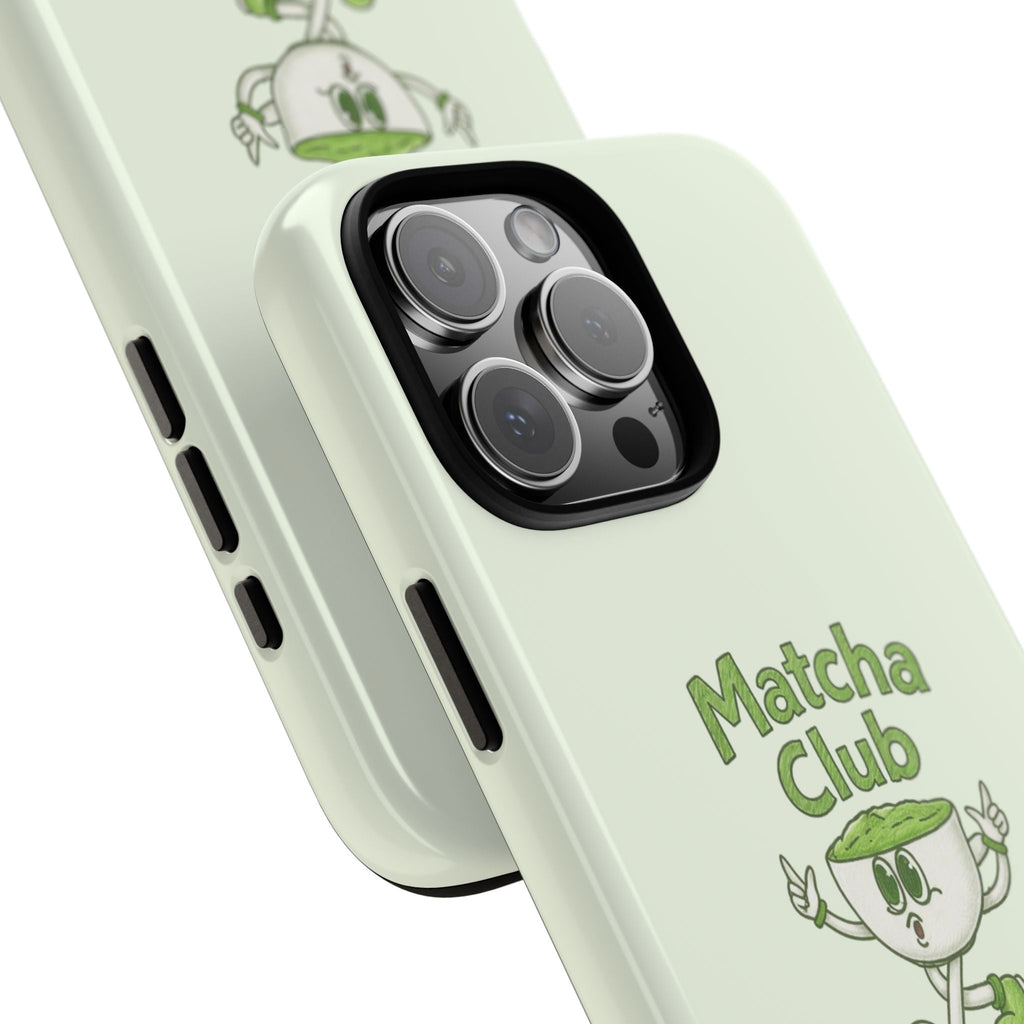 Mint Matcha Club phone case, angled view showing camera cutout and side buttons