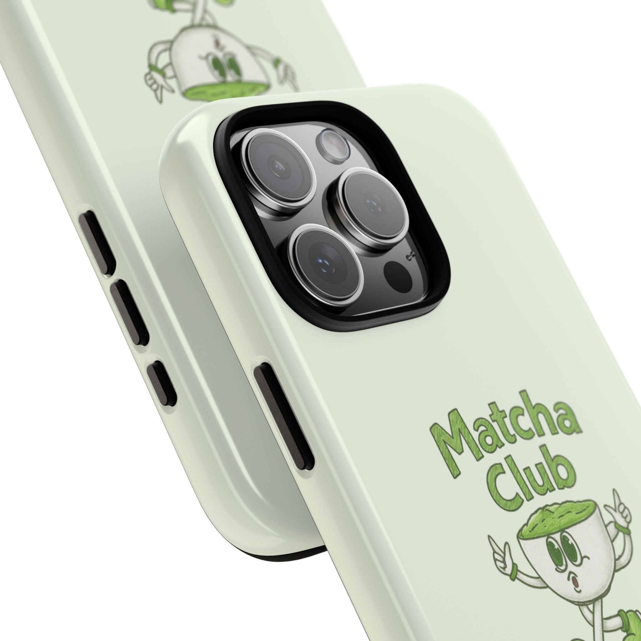 Mint Matcha Club phone case, angled view showing camera cutout and side buttons