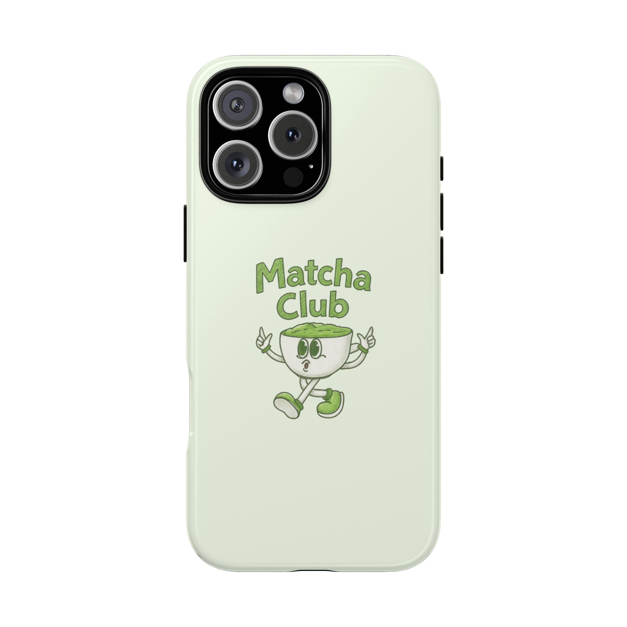 Matcha Club phone case, mint green with “Matcha Club” cartoon on back