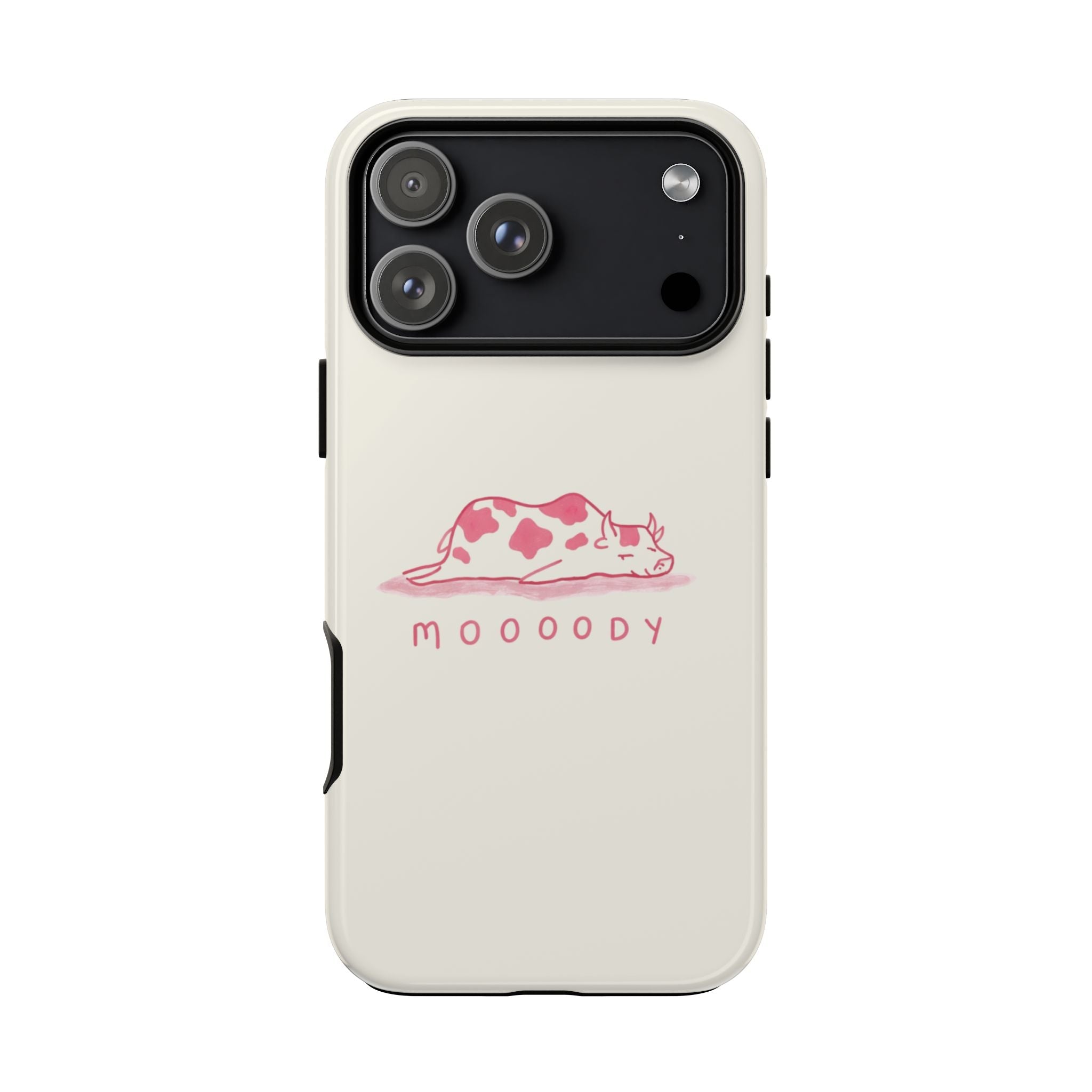 Light phone case showing pink 'moooody' cow print and camera cutout frame