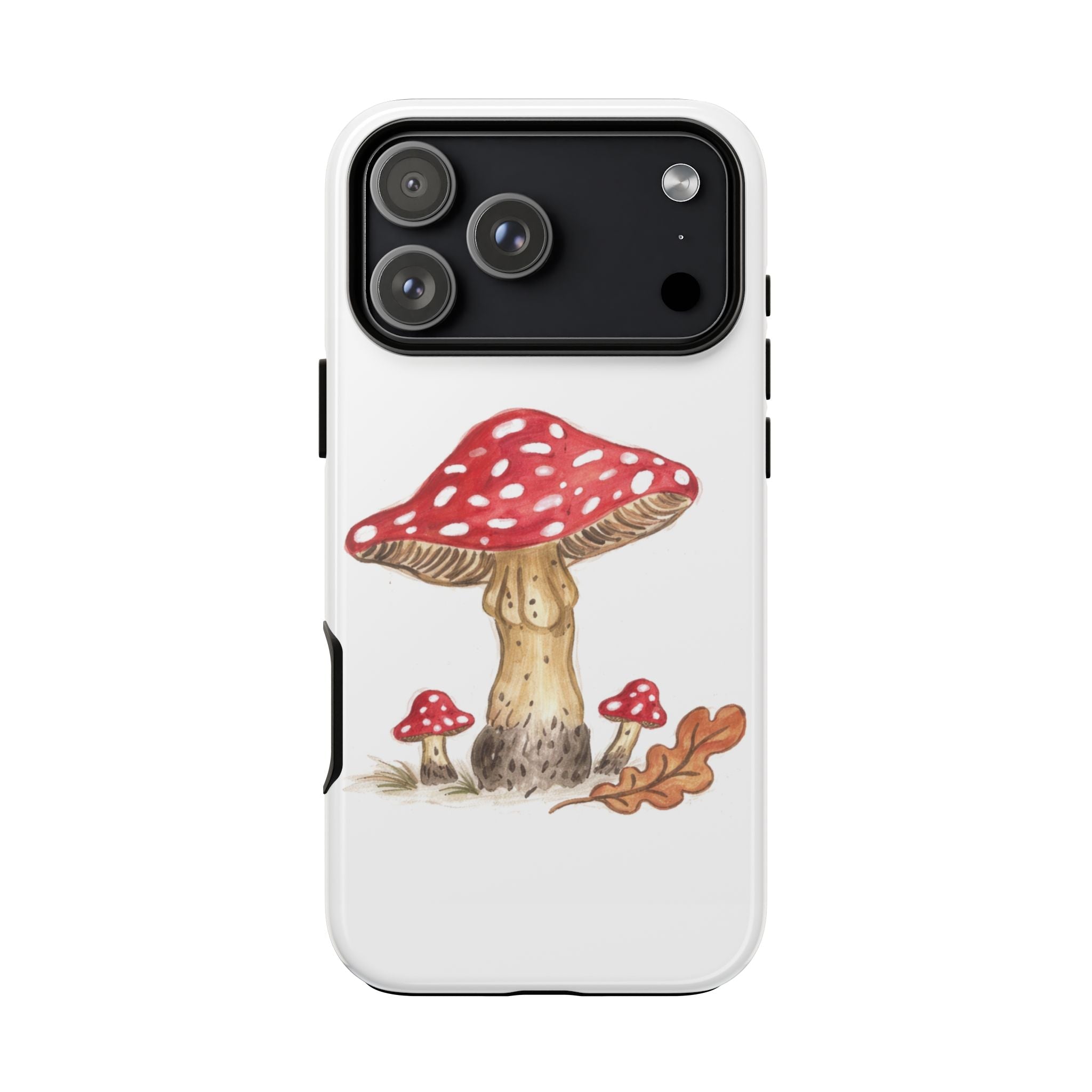 White phone case with red polka-dot mushroom art beneath the camera cutout