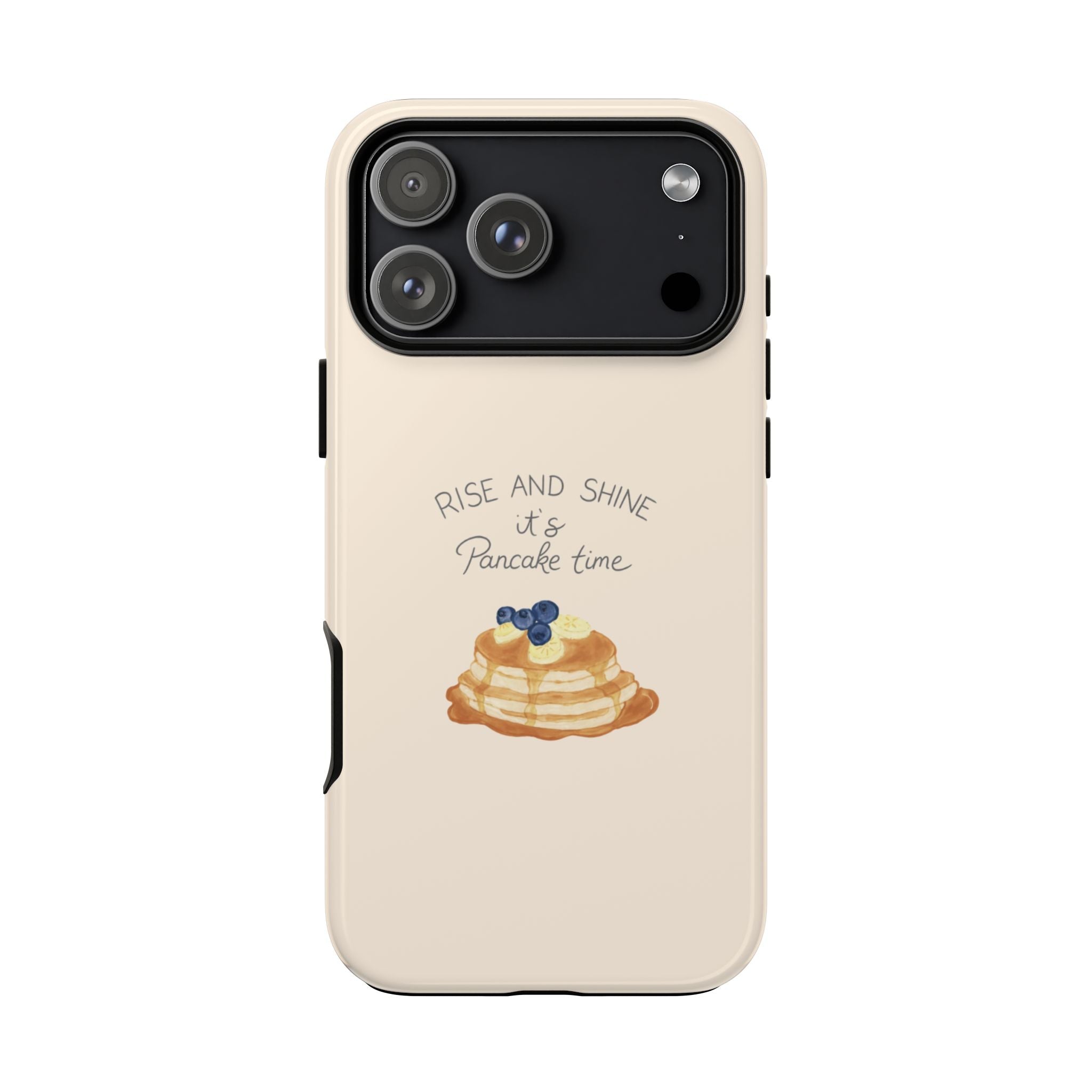 Beige phone case with pancake artwork and camera cutouts, Pancake time text