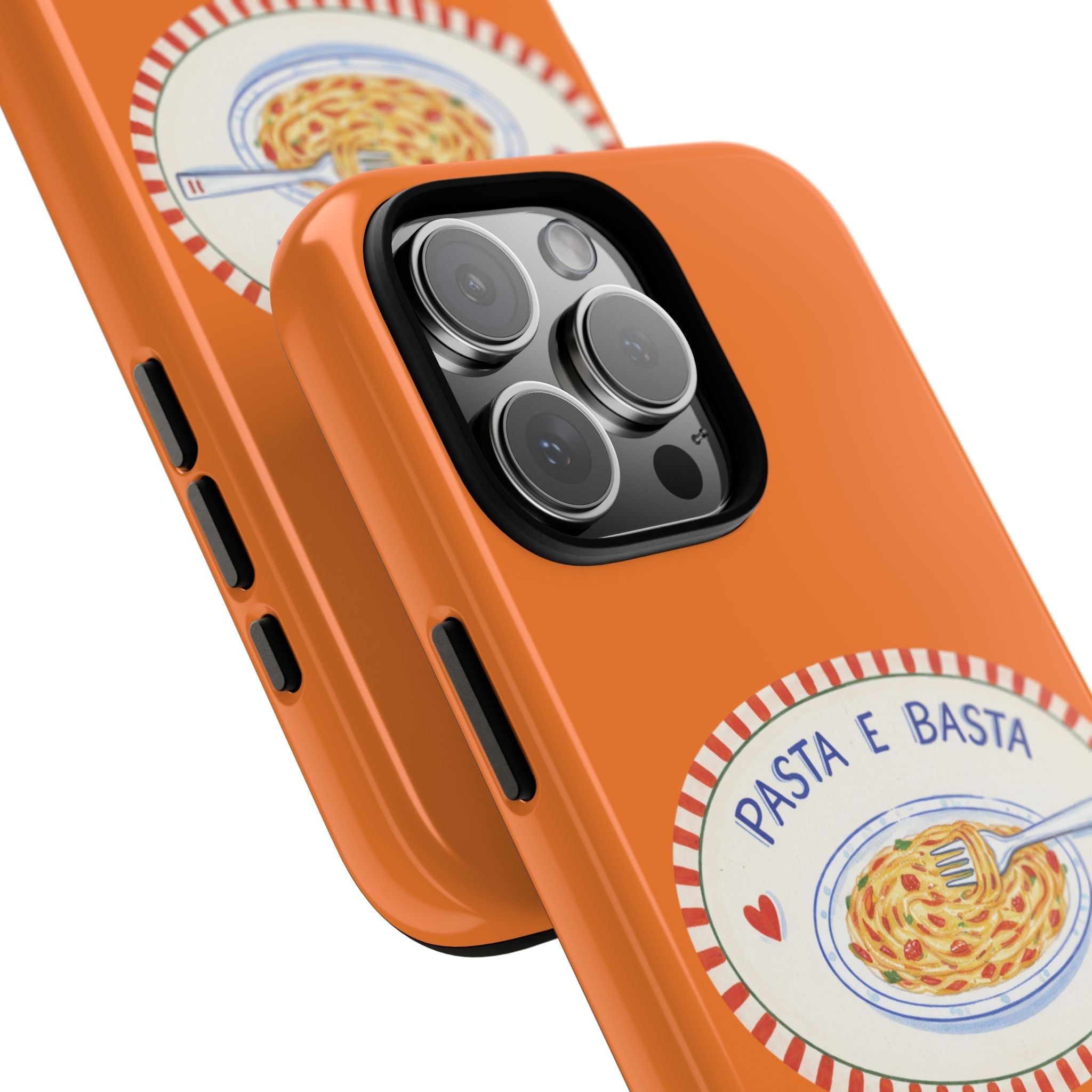 Orange case with Pasta e Basta graphic, raised camera bump, and button cutouts