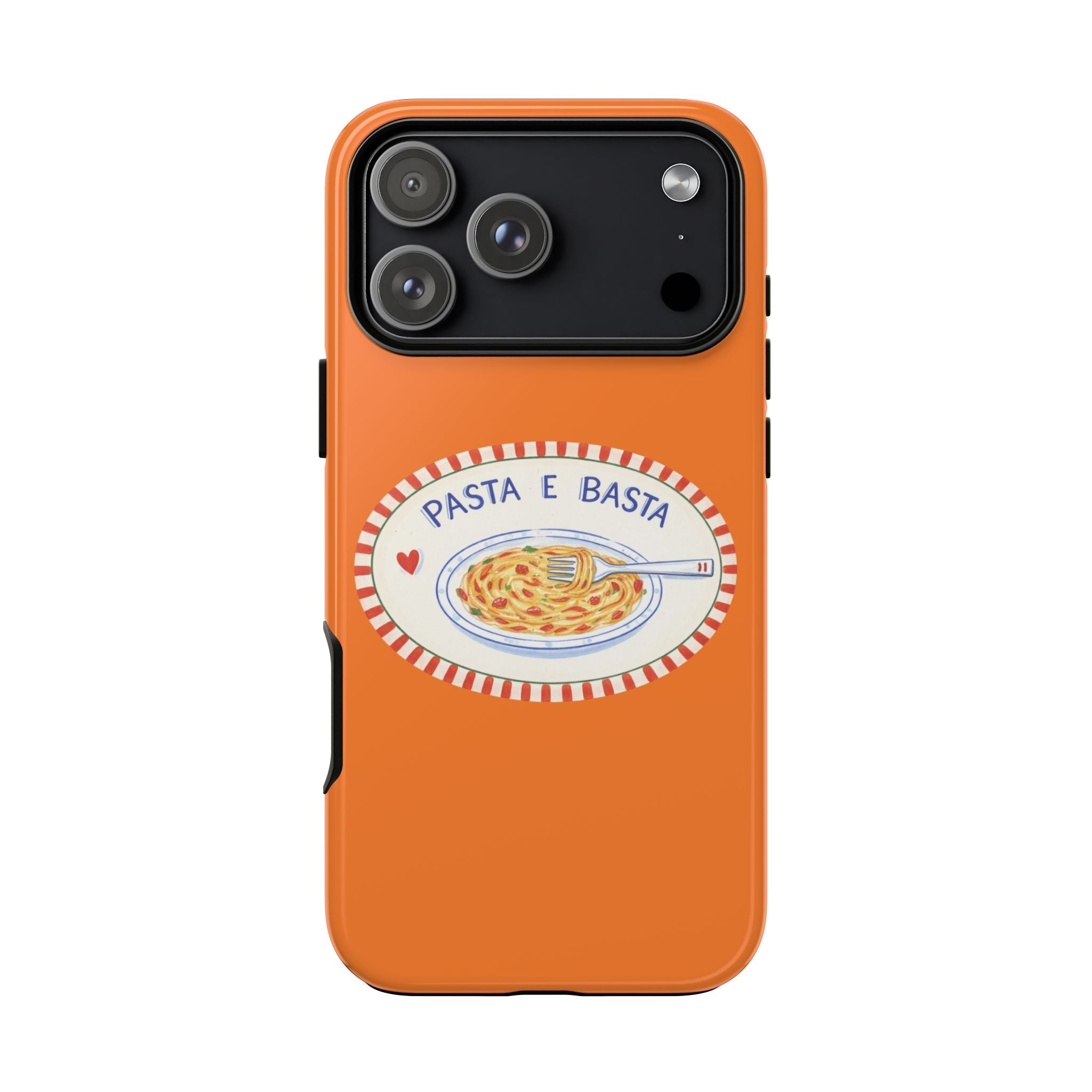 Orange phone case with Pasta e Basta oval pasta graphic and heart
