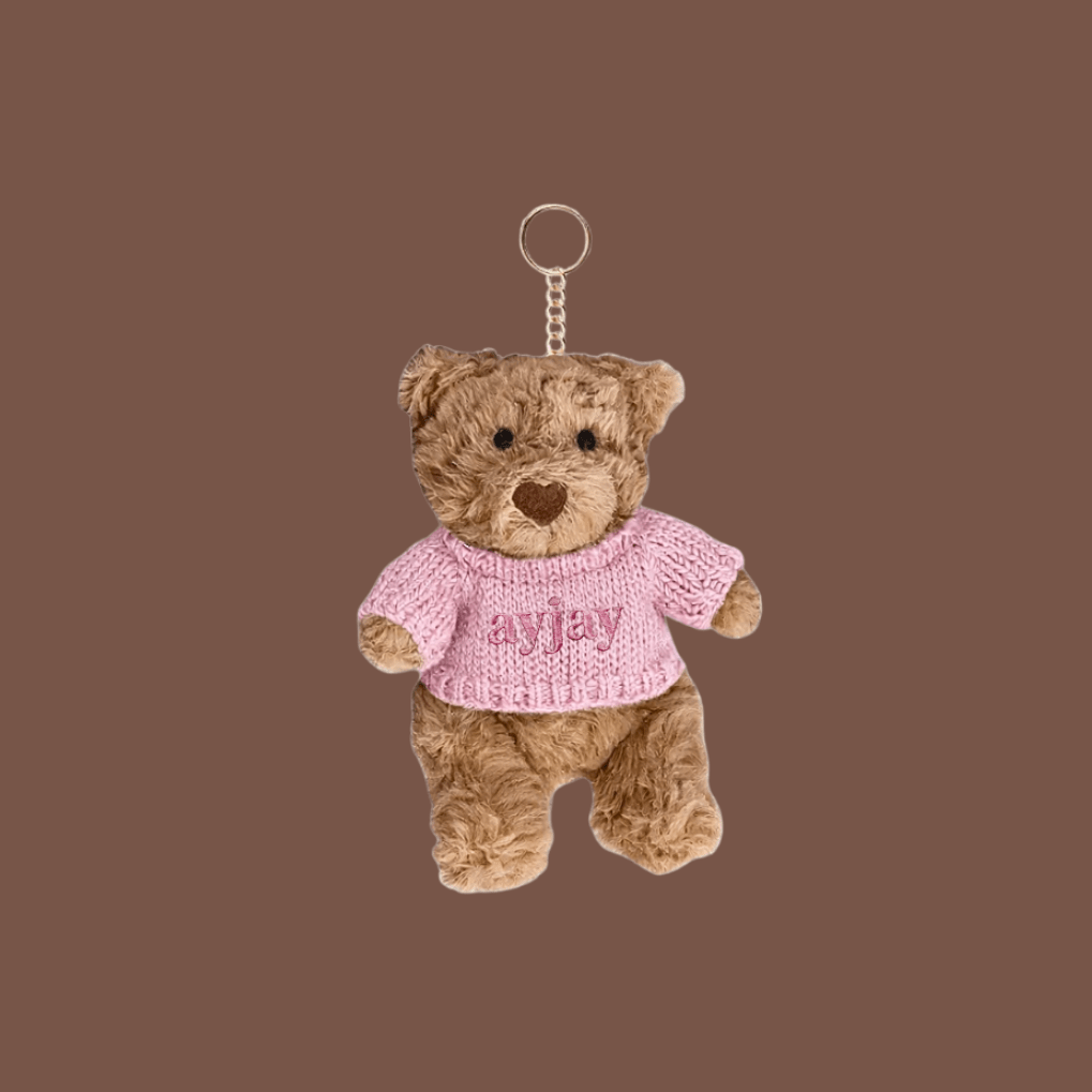 Teddy bear bag charm keychain: brown bear in pink knit sweater with metal chain