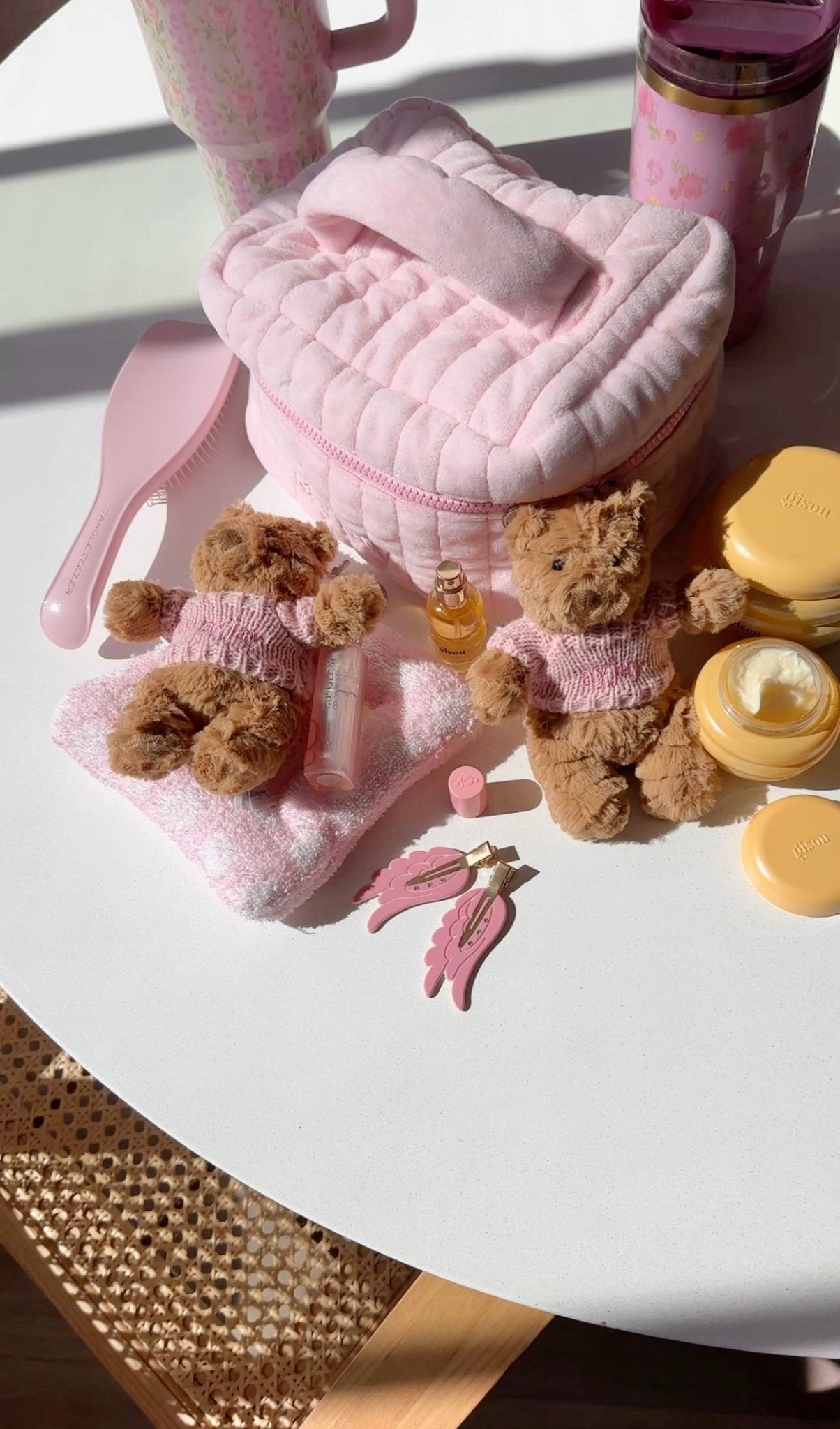 Pink bear bag charm keychain with plush teddy and ring loop