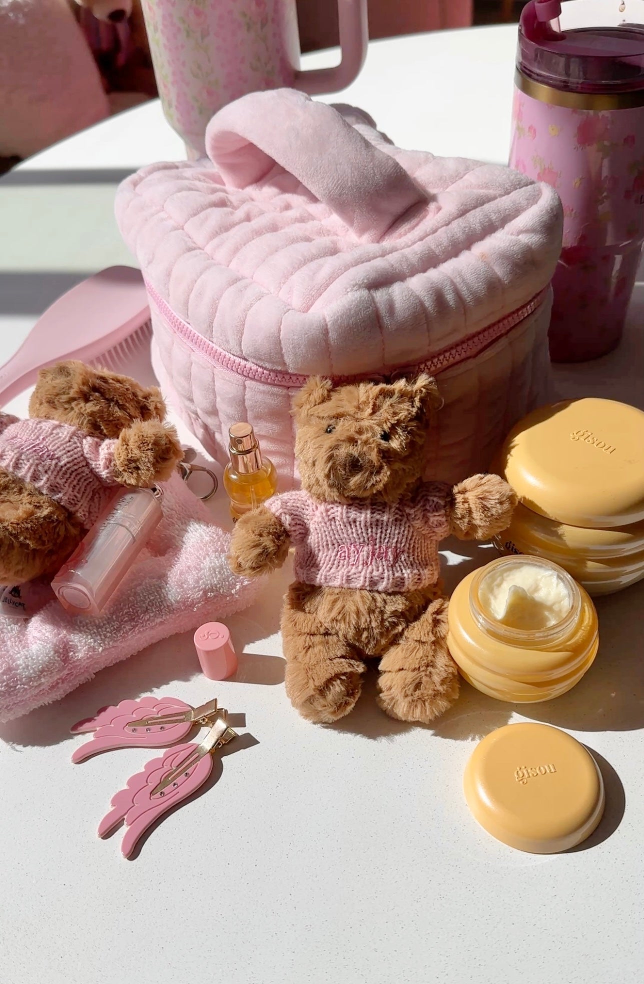Pink sweater teddy bear bag charm keychain with metal key ring