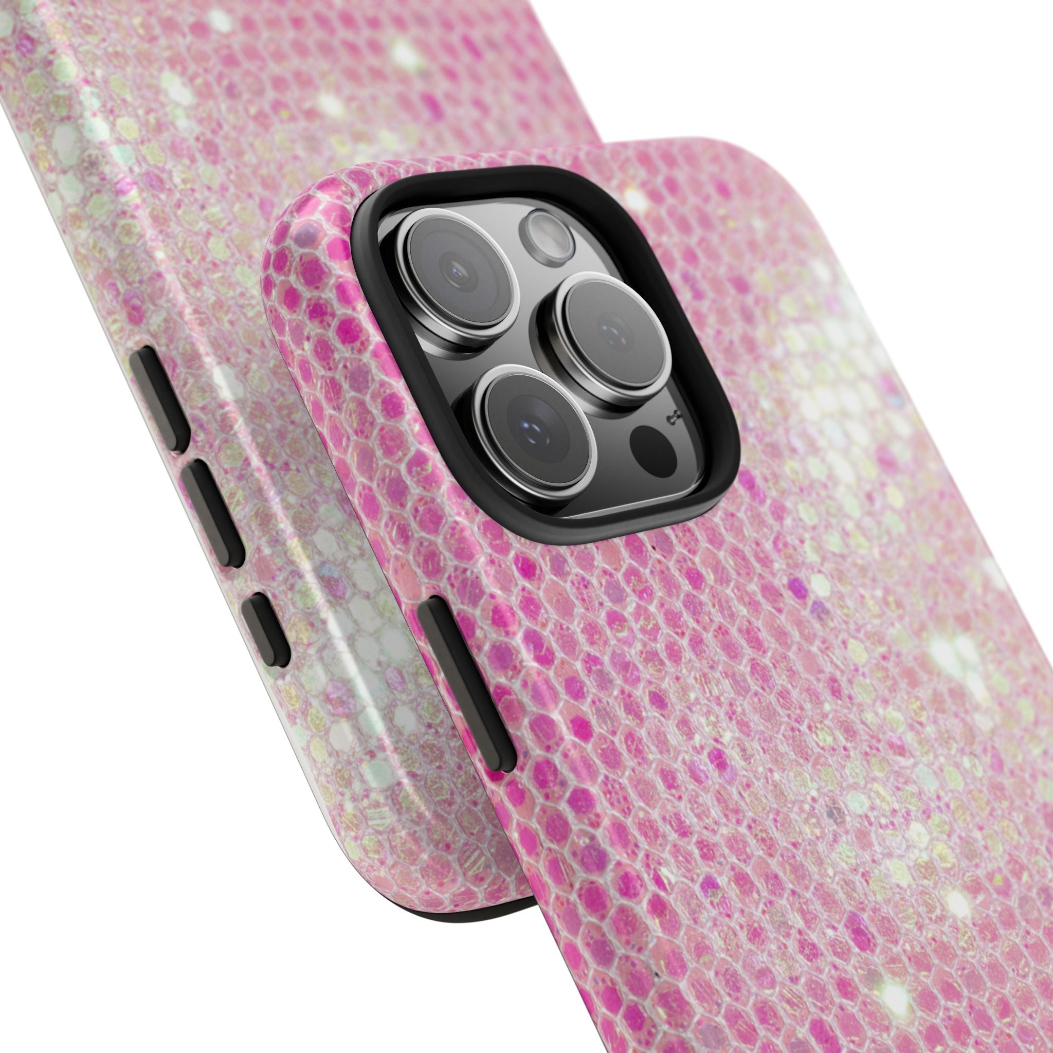 Pink textured sequin phone case side view with cutouts and triple-lens camera cover