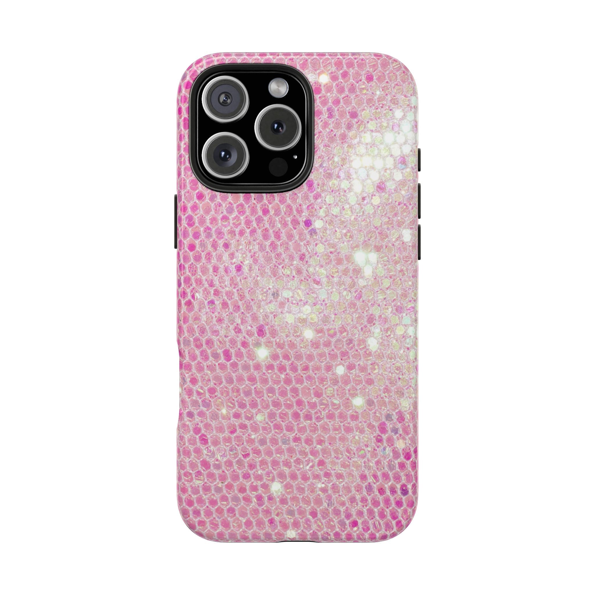 Pink glitter phone case with textured sparkle and raised camera lens area
