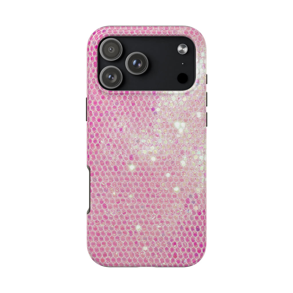Pink sequin phone case with textured glitter pattern and black camera cutout