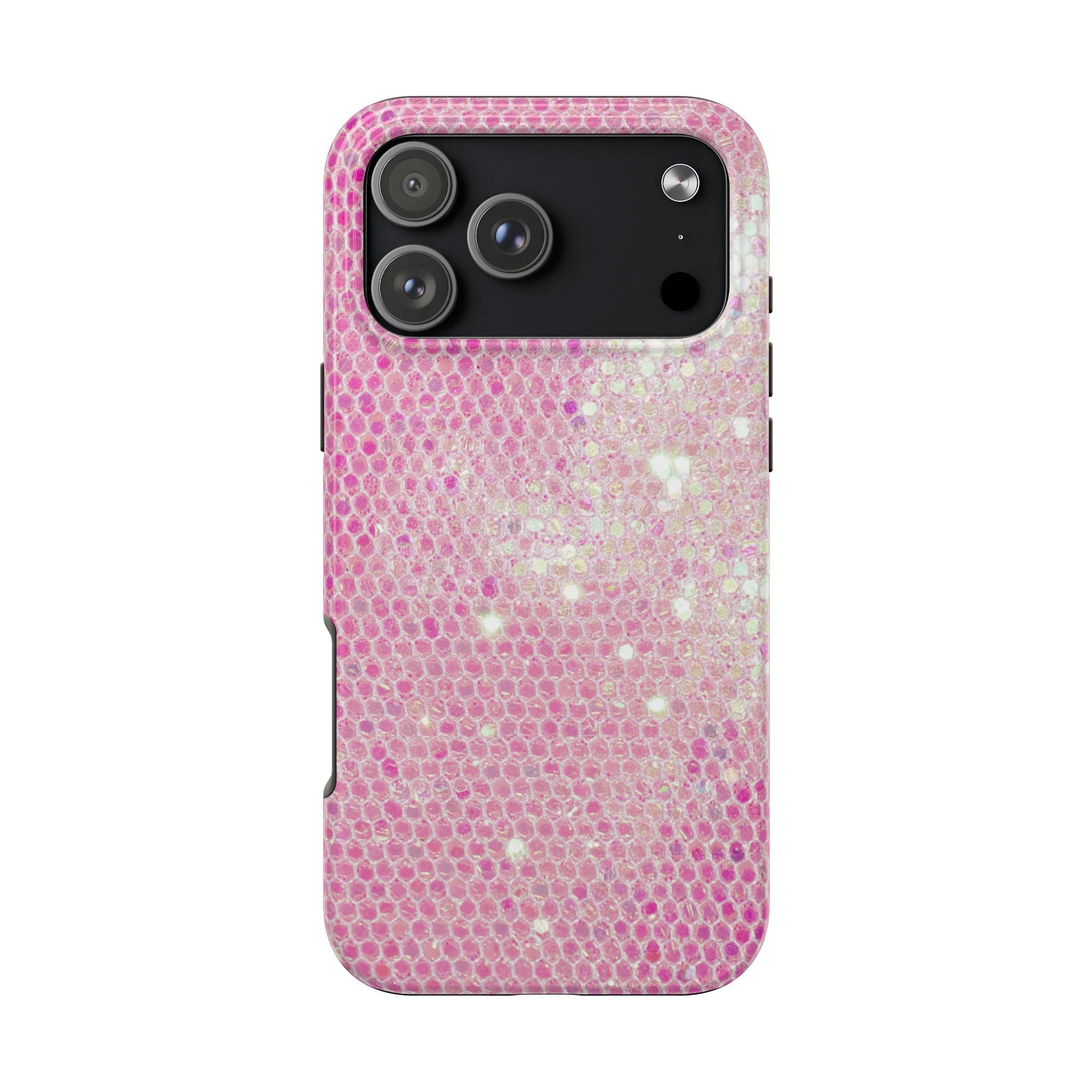 Pink sequin phone case with textured glitter pattern and black camera cutout