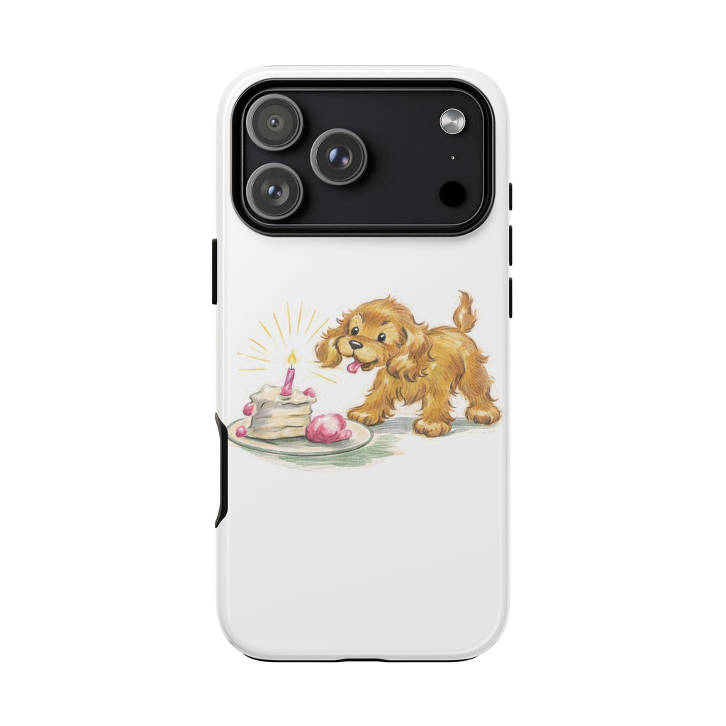White puppy birthday phone case with dog and cake graphic on back, camera cutouts