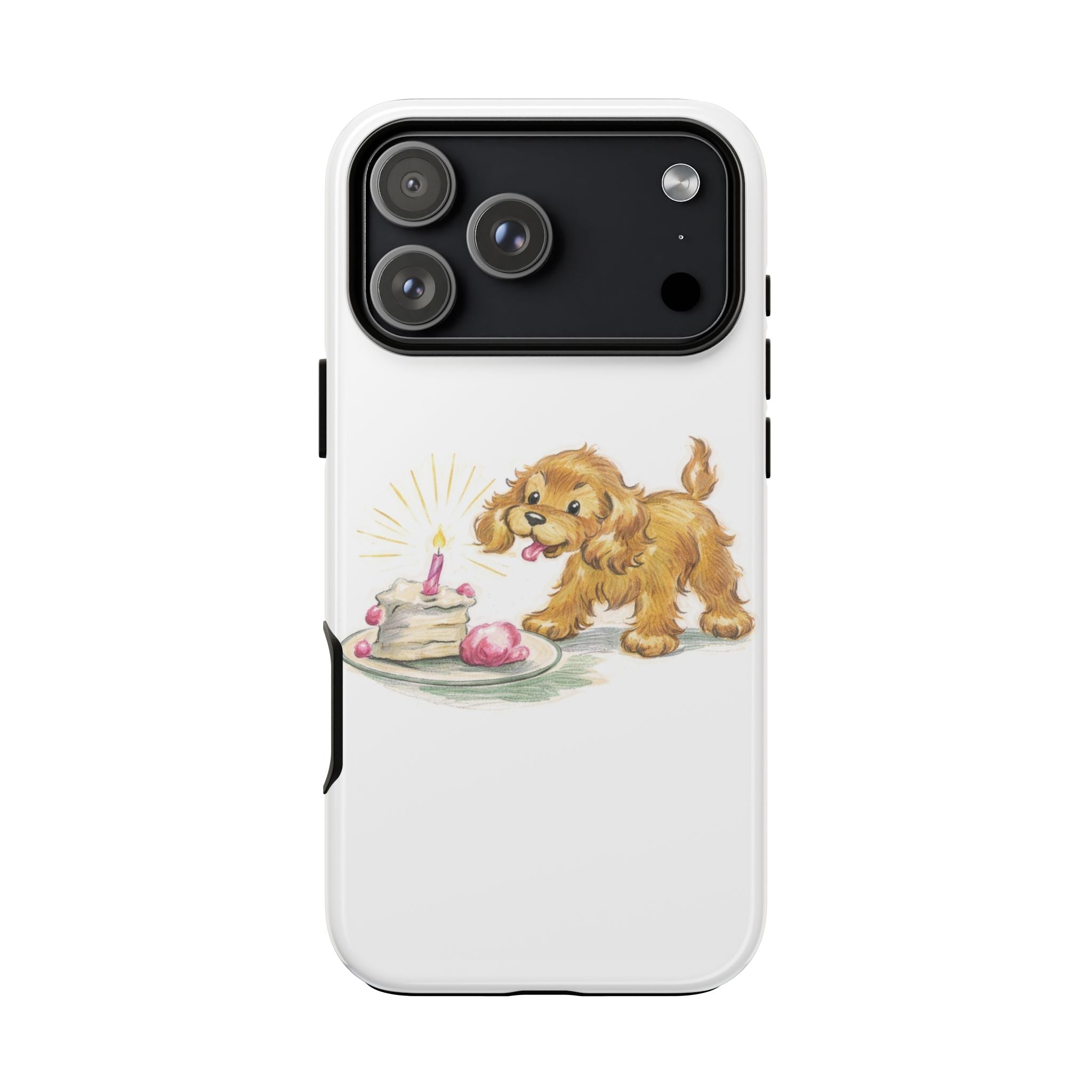 White puppy birthday phone case with dog and cake graphic on back, camera cutouts