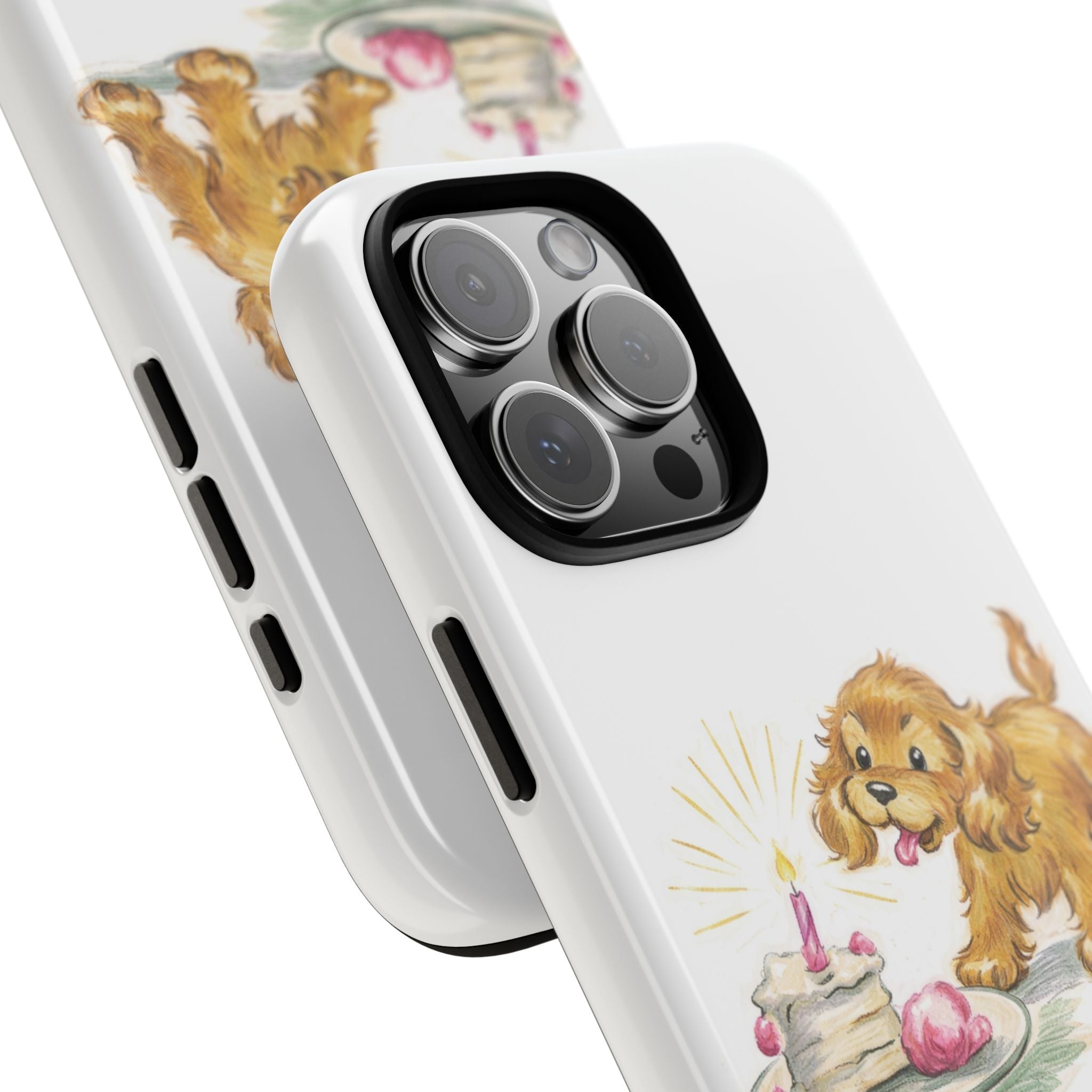 Angled close-up of white puppy birthday phone case with dog and cake artwork