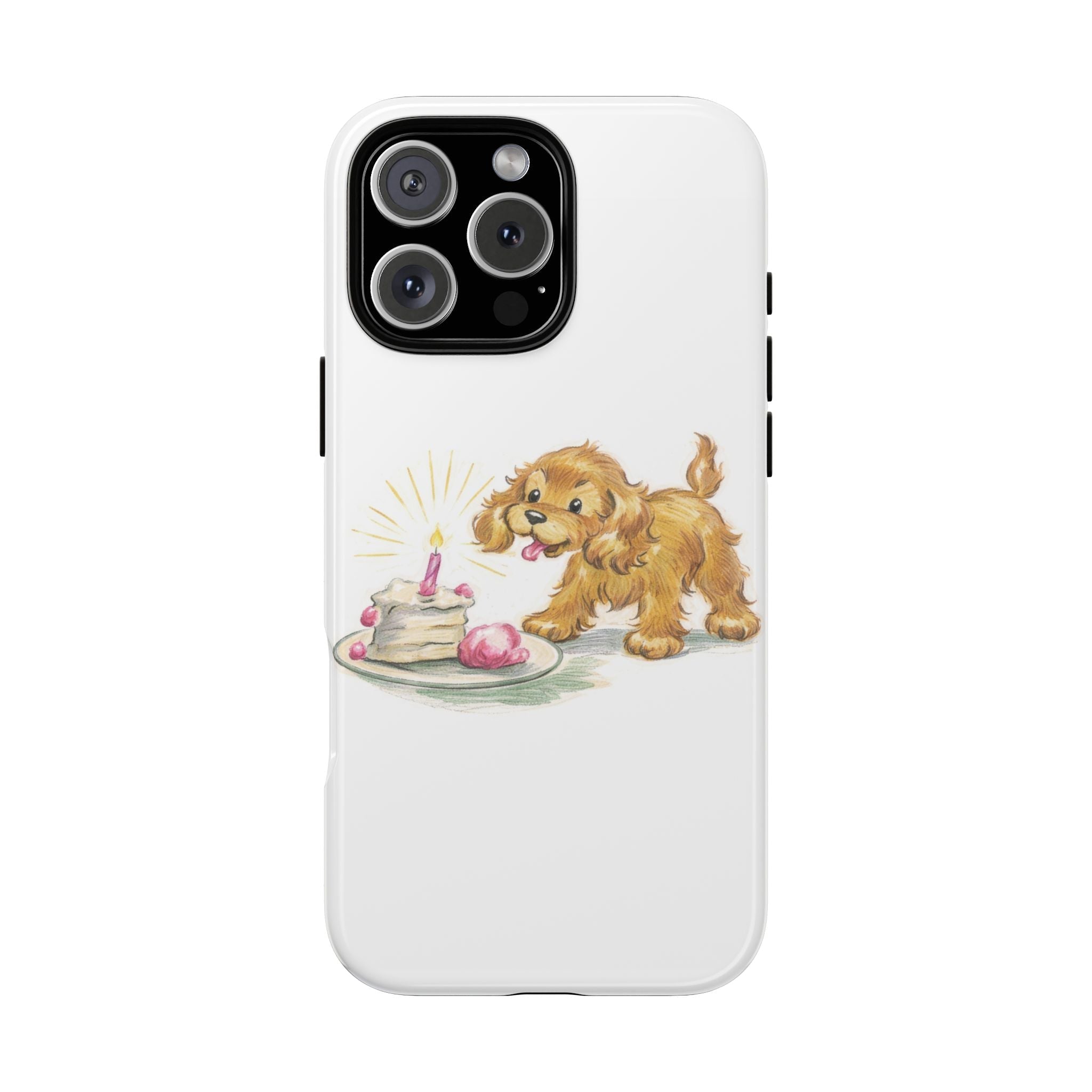 White puppy birthday phone case with cute dog and frosted cake illustration