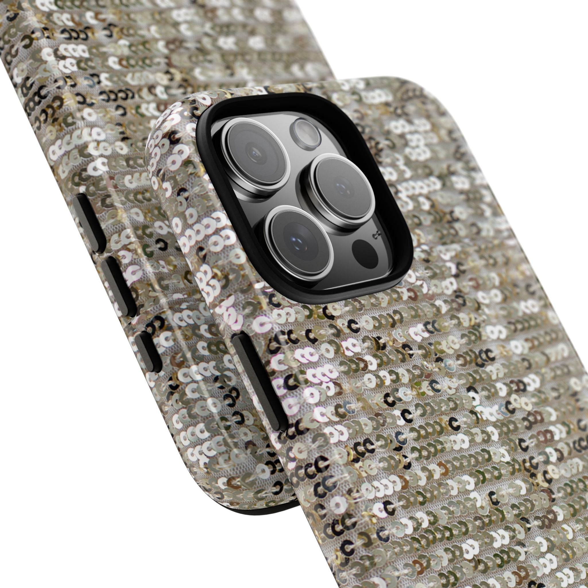 Sequins phone case, gold-silver shimmer with raised black camera cutout and side button openings