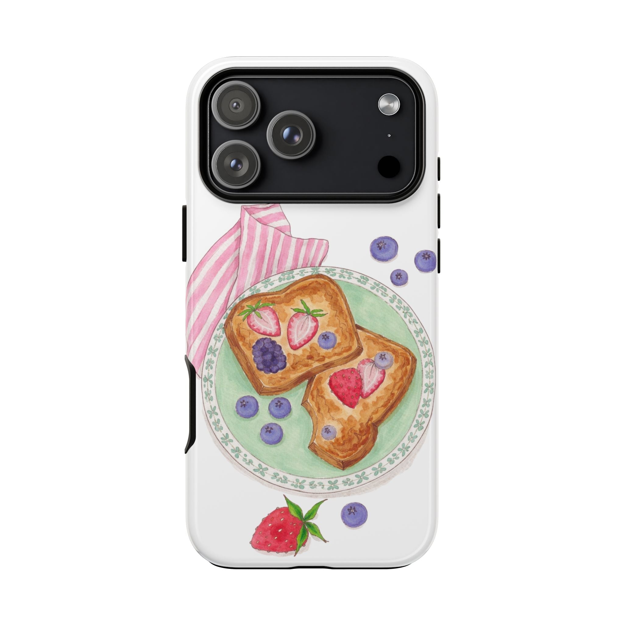 White phone case featuring berry toast illustration with pink striped napkin accents
