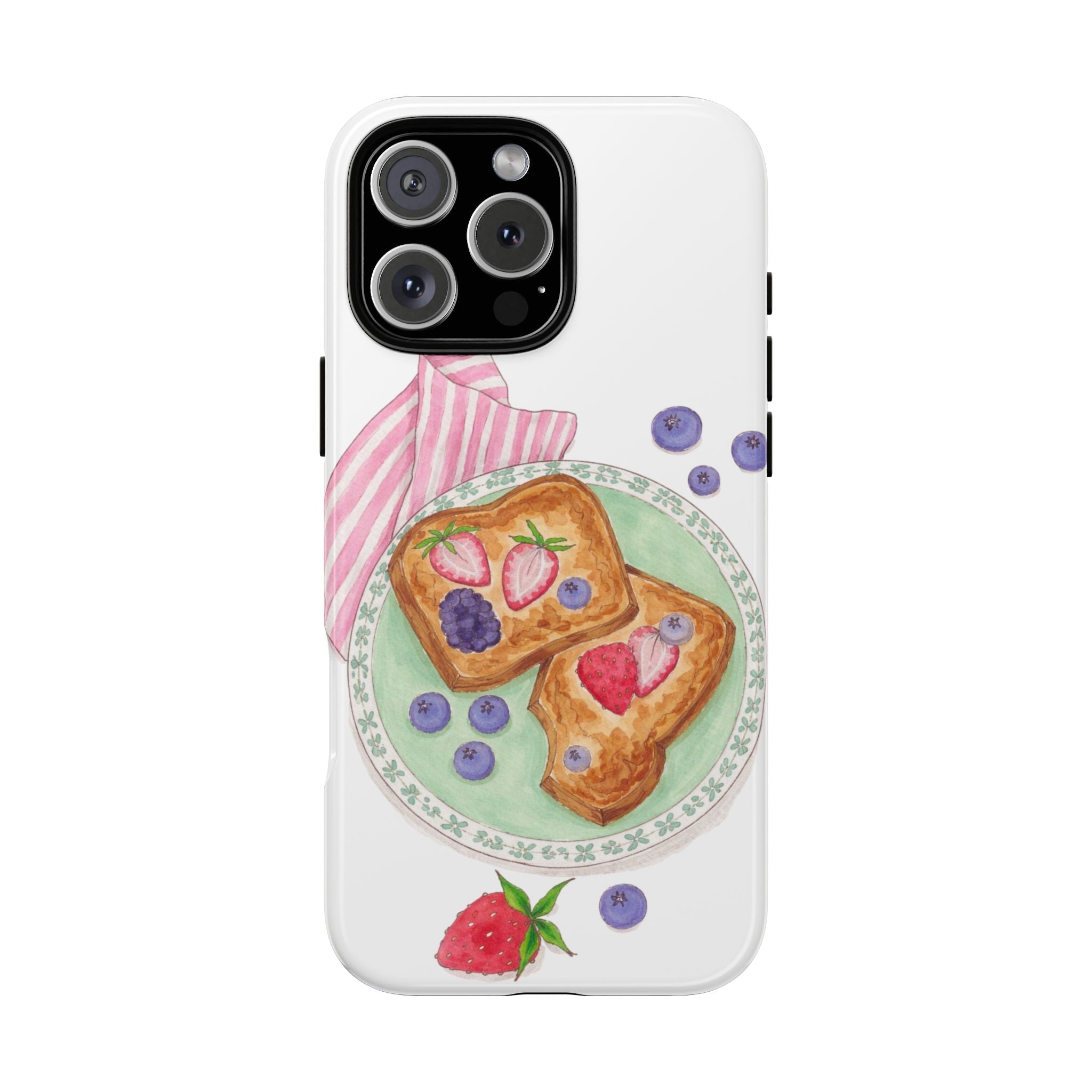 White phone case with berry toast sketch illustration and scattered blueberries