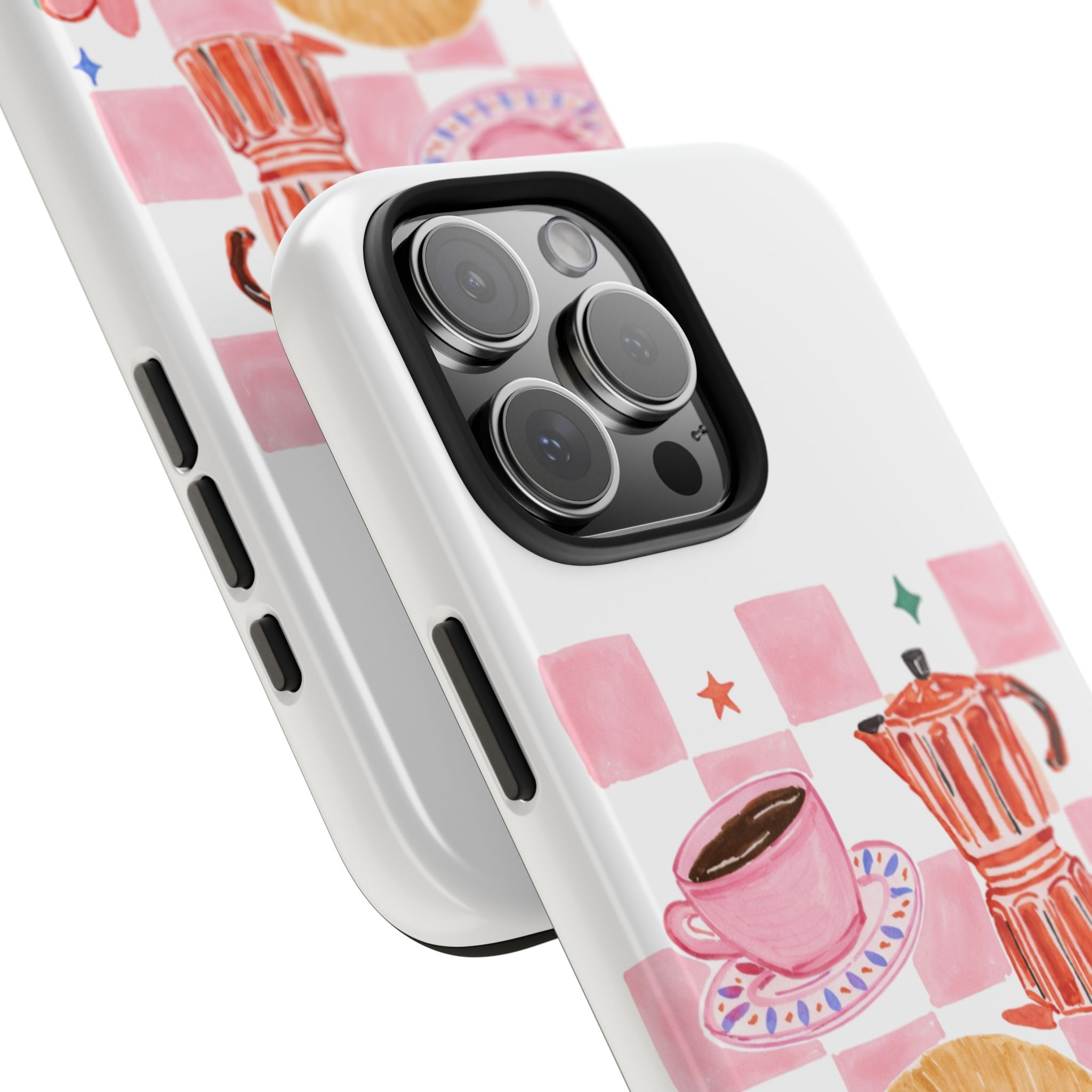 Angled close-up of white phone case with 'Buongiorno' breakfast scene and espresso pot graphic