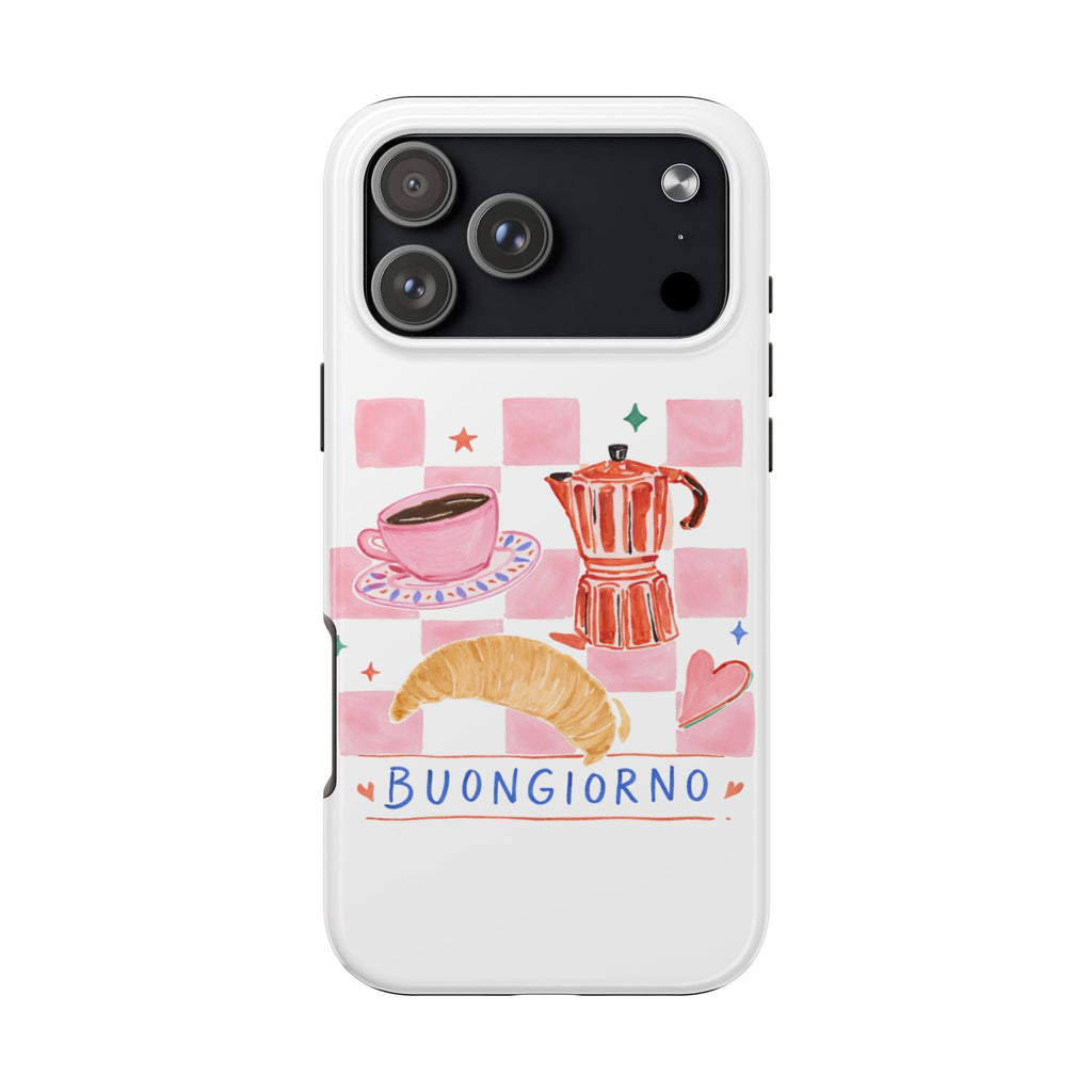 White phone case with 'Buongiorno' breakfast art, coffee cup, croissant and red coffee maker