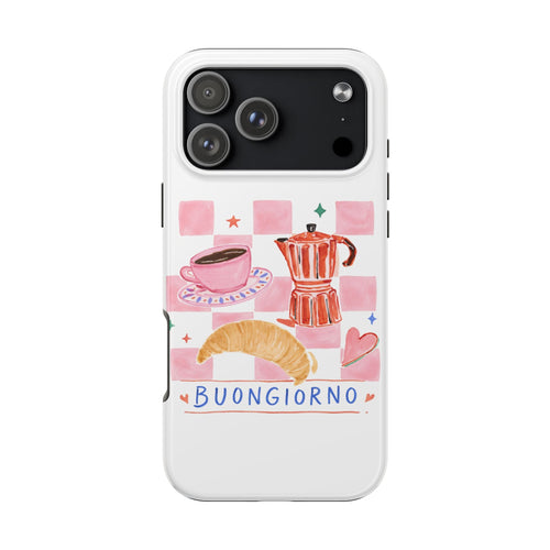 White phone case with 'Buongiorno' breakfast art, coffee cup, croissant and red coffee maker
