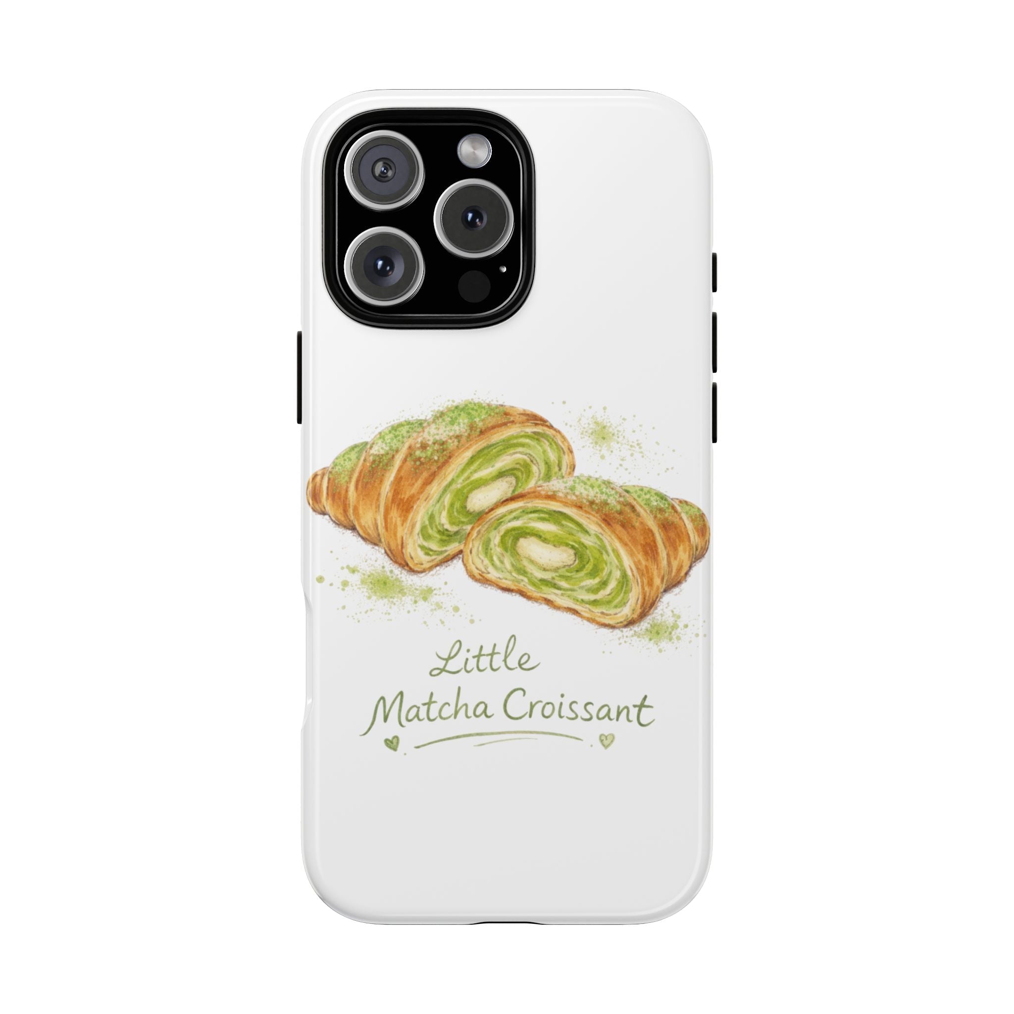 White phone case with sketch matcha croissant and “Little Matcha Croissant” text