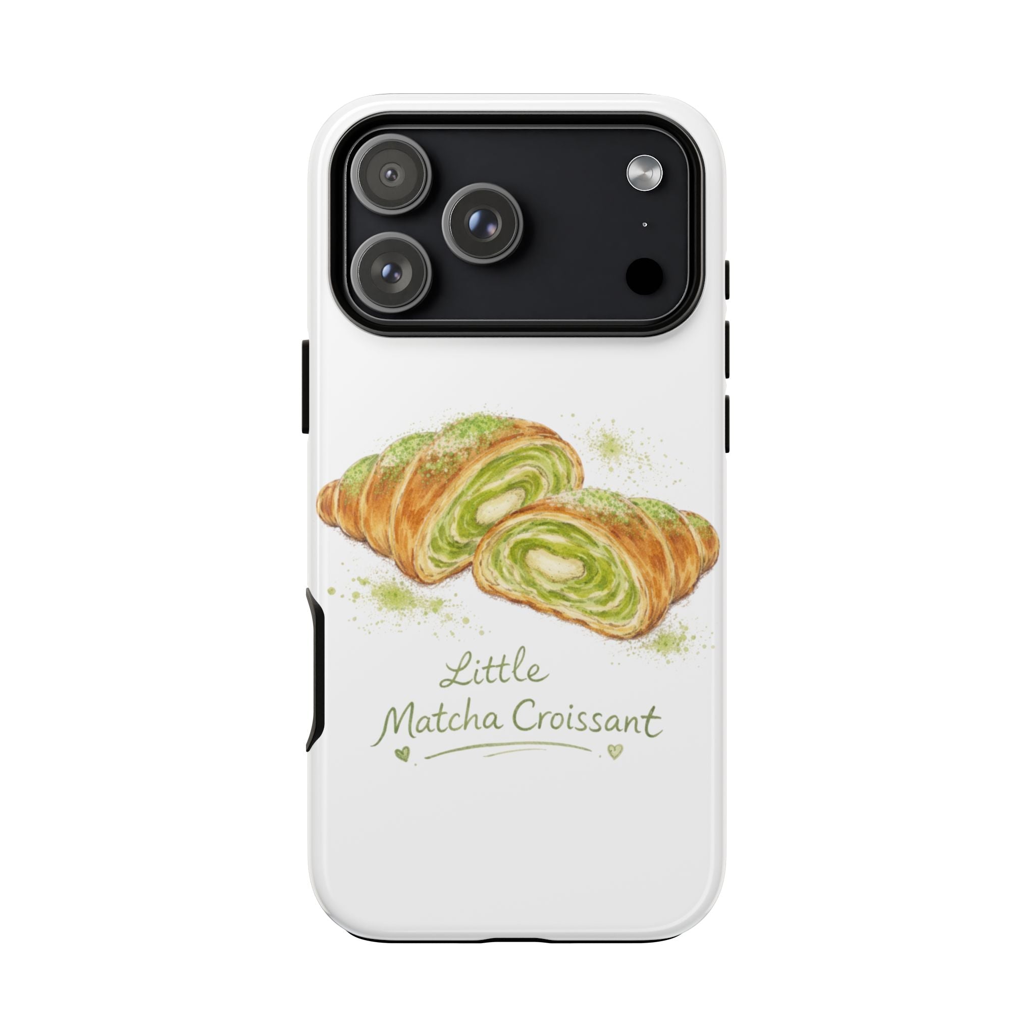 White phone case back with sketch matcha croissant and “Little Matcha Croissant” text