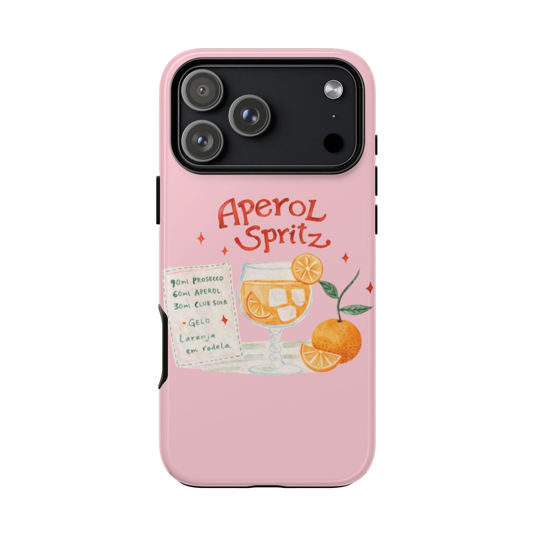 Pink phone case back with Aperol Spritz design and beverage graphic, raised camera frame