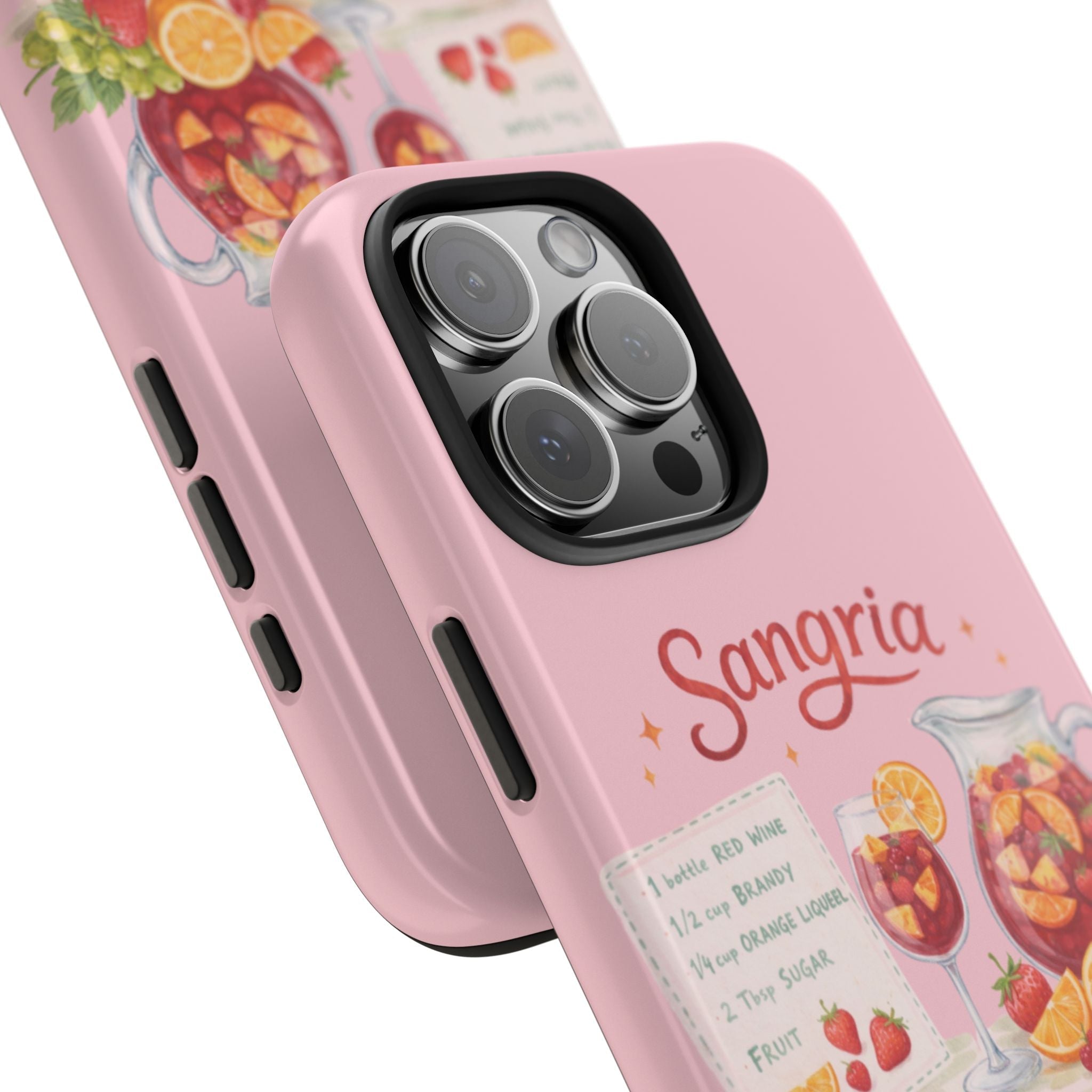 Close-up pink sangria phone case with camera lens openings and “Sangria” lettering