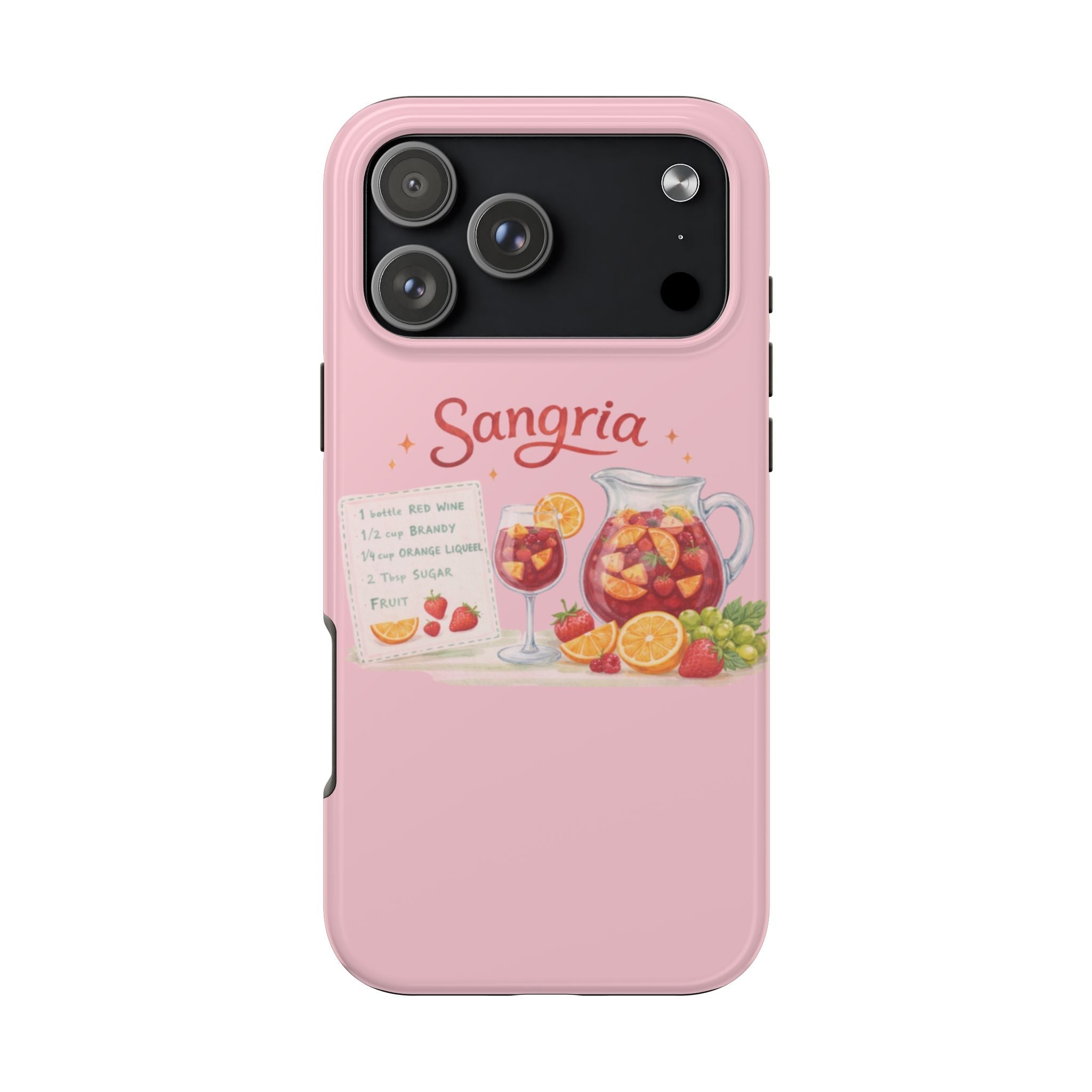 Pink sangria phone case showing rear camera cutouts and sangria drink graphic